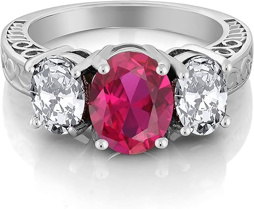Miniatura 3 de Gem Stone King Anillo de plata de ley 925 con 3 piedras de rubí creado en rojo para mujer (5.00 unidades, disponible en talla 5, 6, 7, 8, 9), Metal