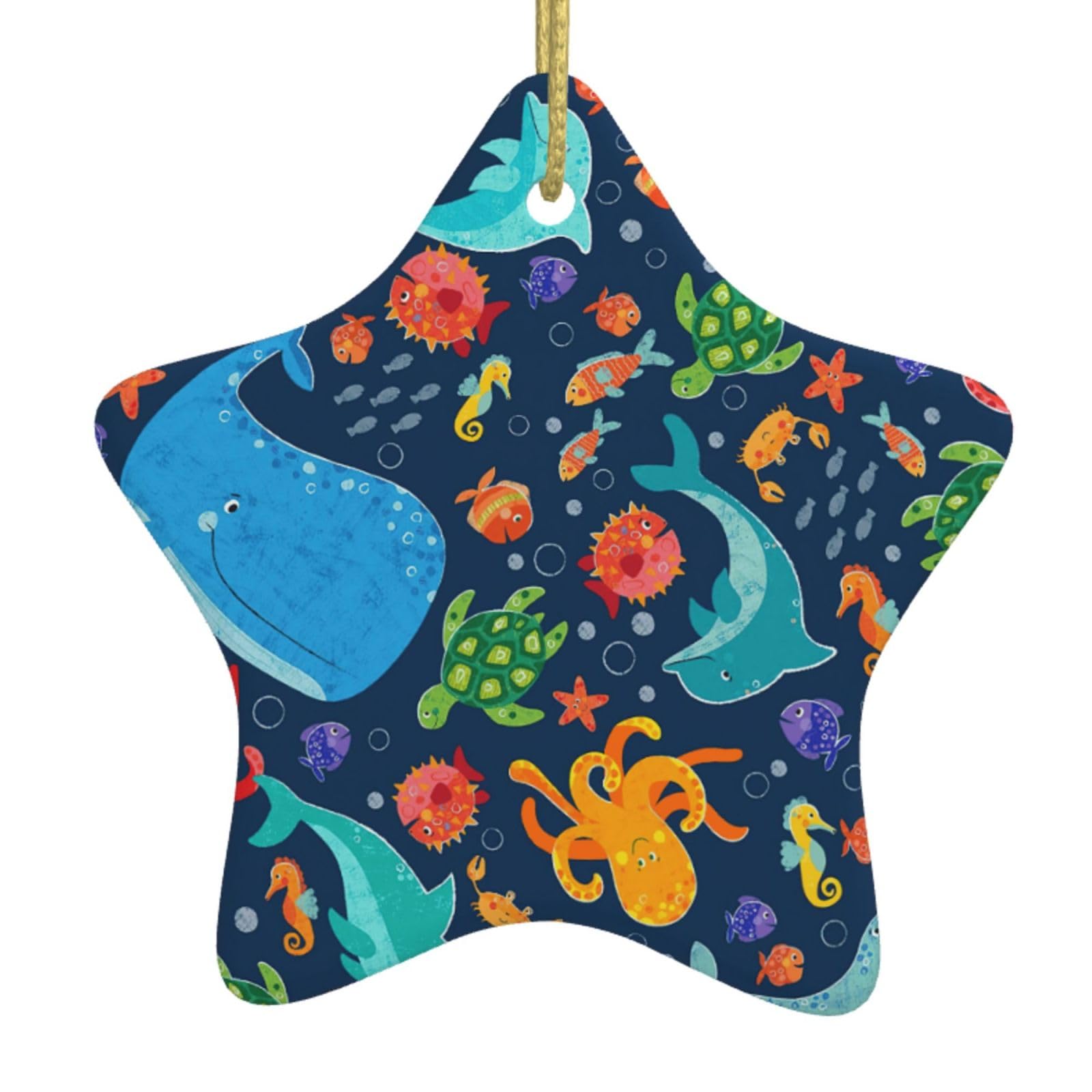 Nbtghga White Ocean Whale Fish Octopus Print Christmas Ornaments, Ceramic Hanging Ornament, Round Shape Decorations