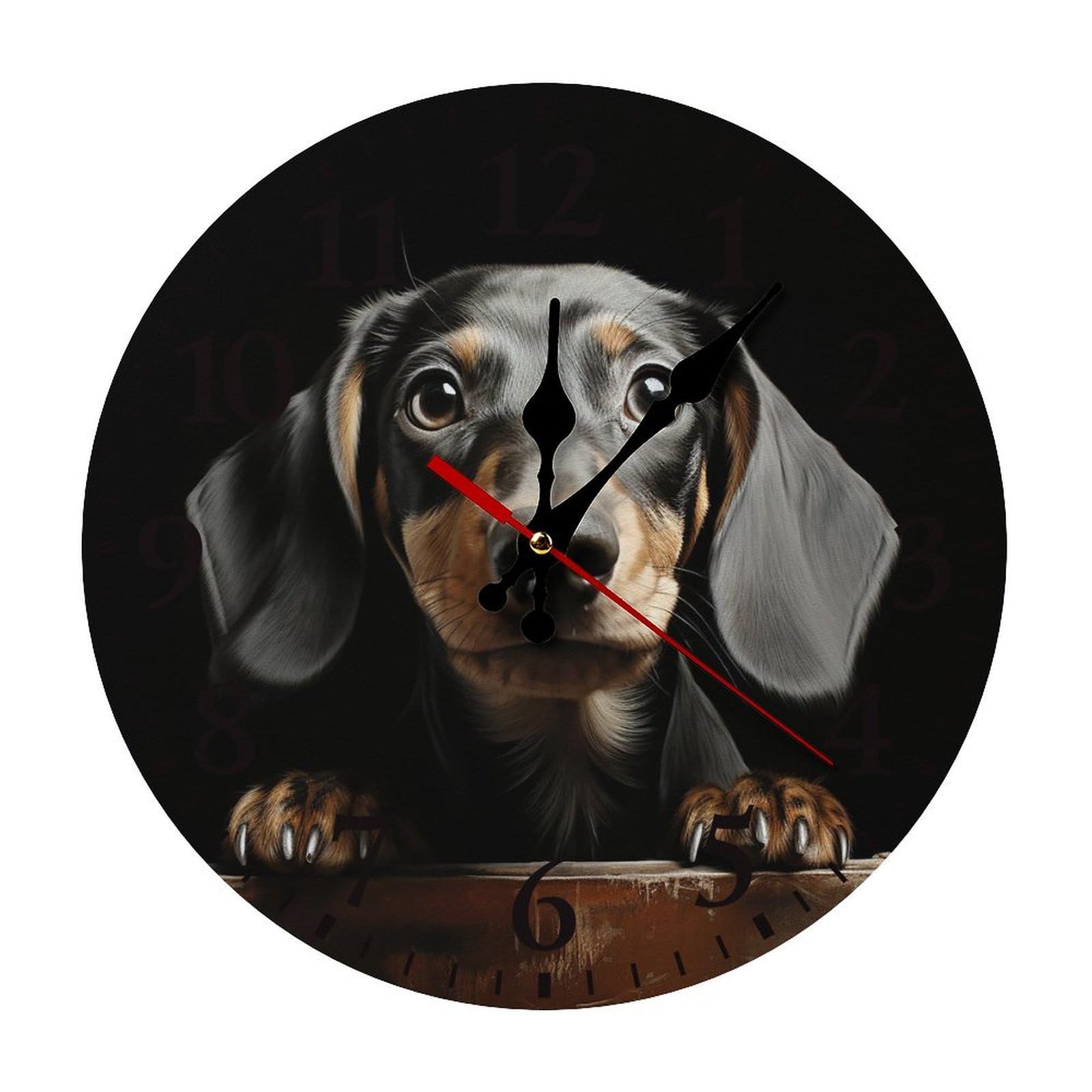 QMNLKH Pad Dachshund Wall Clock for Home, Battery Operated Clock for Hotel, Round Wall Clock with Arabic Numerals Black, Easy to Read, Non-Ticking Clocks for Living Room 30 * 30cm