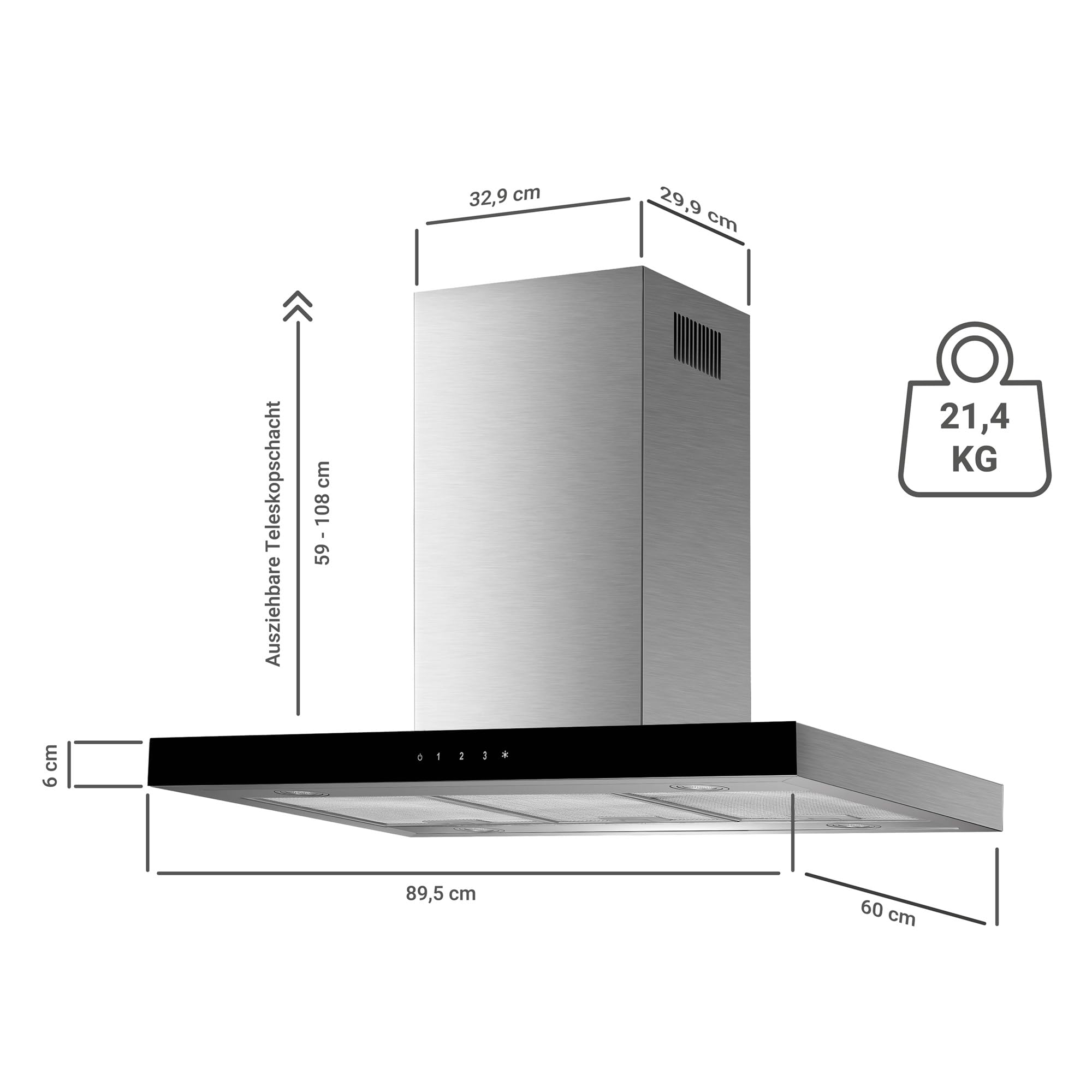 Respekta Cappa Aspirante, Cappa a Isola 90 cm, Struttura in acciaio inox con paralume in vetro Nero, Funzione di scarico e ricircolo d'aria, CH44099GISAM, A, 58–73 dB