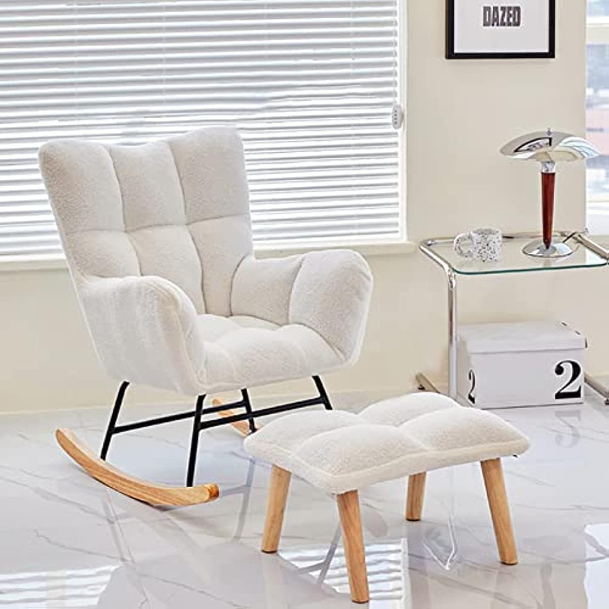Gaming Chair, Rocking Chair for Nursery with Ottomans- Teddy Fabric Tufted Upholstered Rocking Chair Padded Seat Cuddle Chair with Solid Wood Legs for Nursery Bedroom Living Room