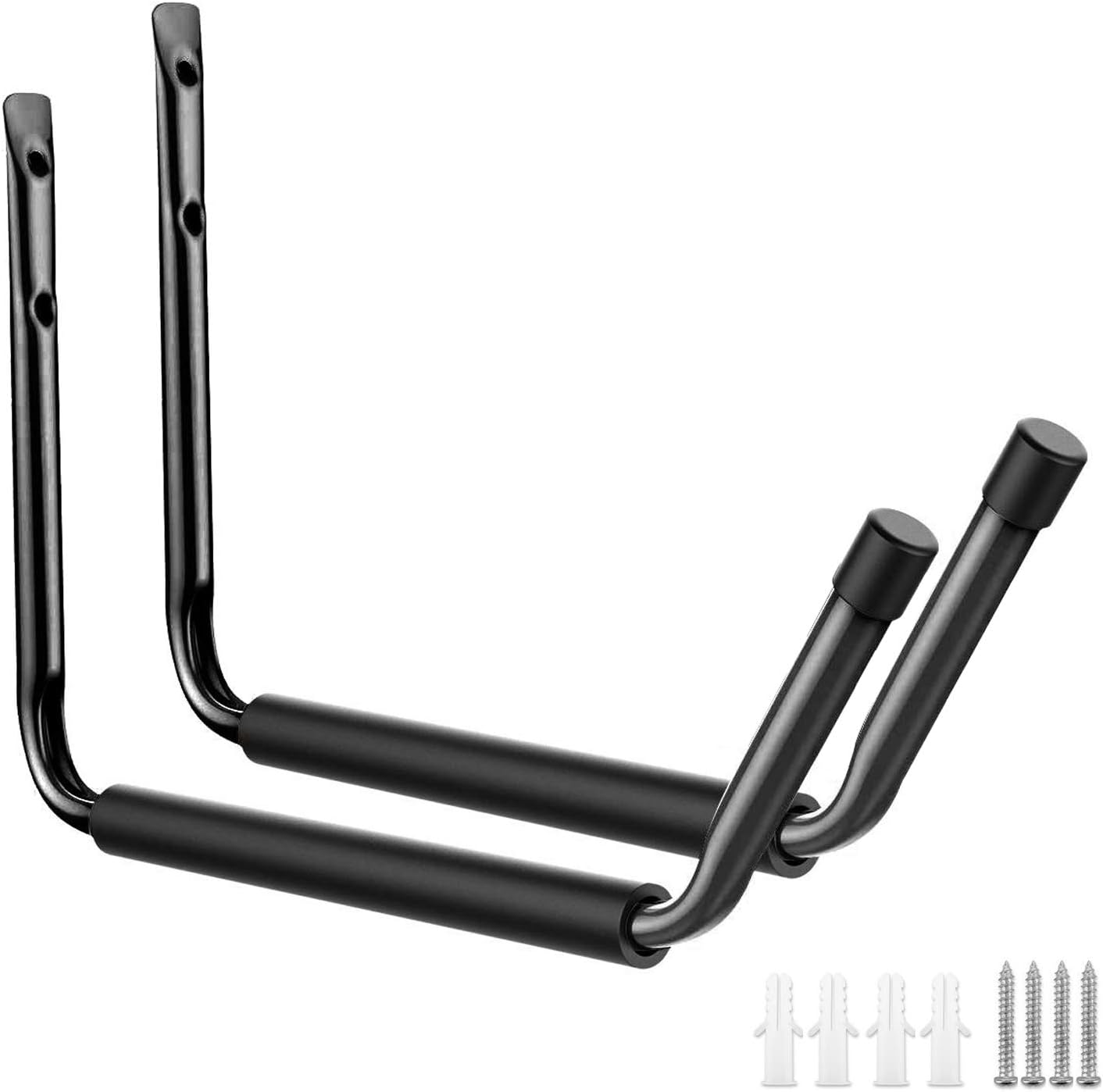Garage Indoor Kayak Storage Hooks, Heavy Duty Ladder Hanger, Wall Mounted Utility Rack for Hanging Canoe Board, Surfboard,Snow Board,Ski Board, Folding Chairs, Bicycle and Tools (2 Pack, Black)