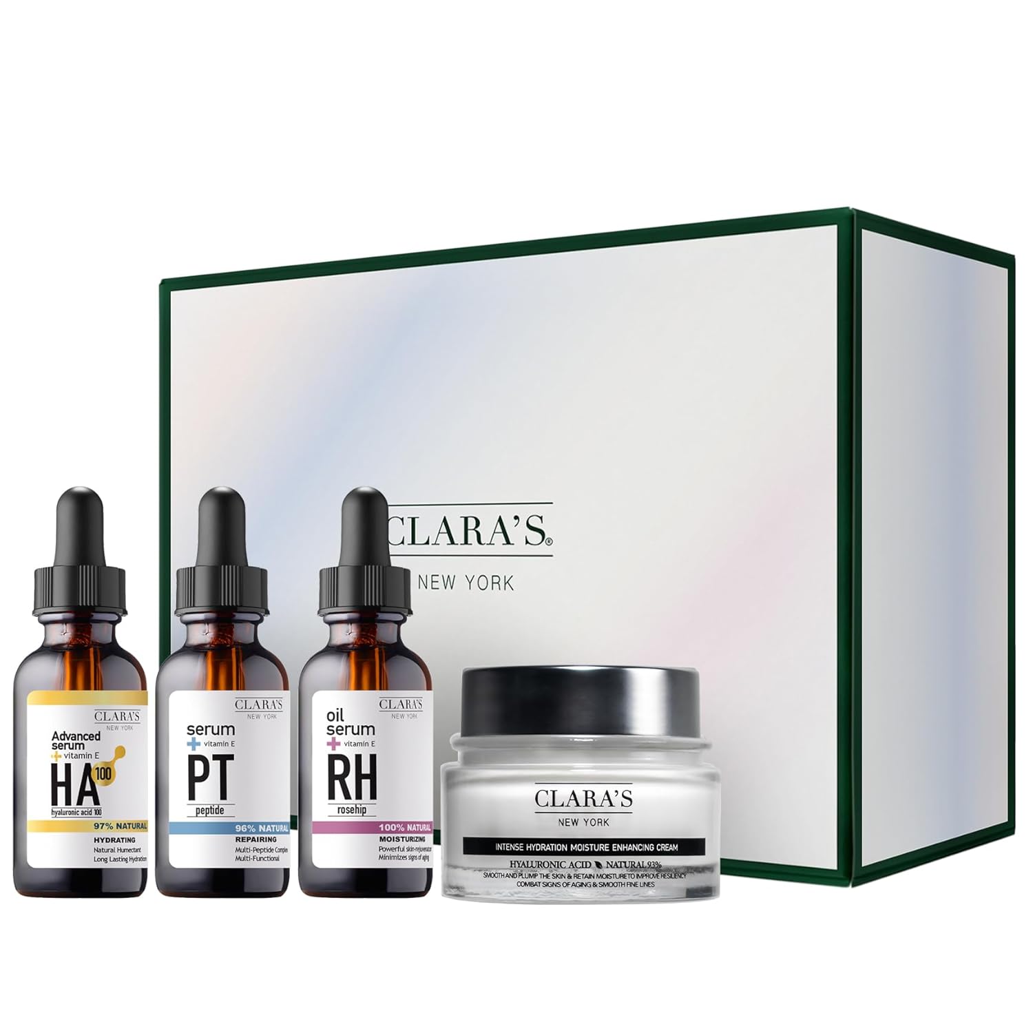CLARA'S NEW YORK Glowing Skin Discovery Kit – Skincare Gift Set, Pack of 4: Hyaluronic Acid, 6X Peptide, Rosehip Facial Oil, Moisturizer Cream