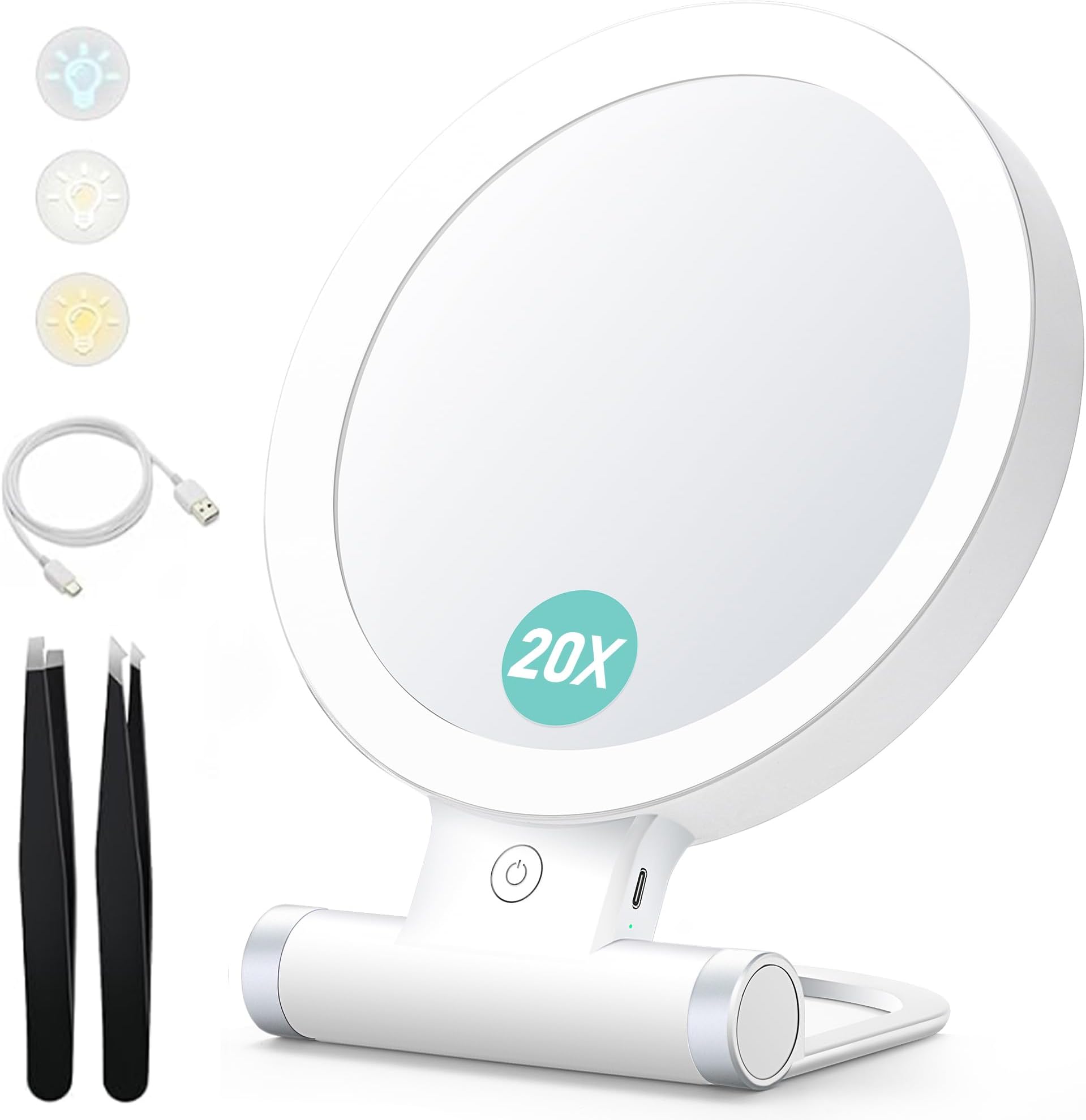Magnifying Mirror with Light,20X/1X Double Sided Tabletop Portable Lighted Makeup Beauty Mirror, 3 Color Lighting, Dimmable Touch Screen,Cosmetic Mirror with Lights for Makeup/Travel