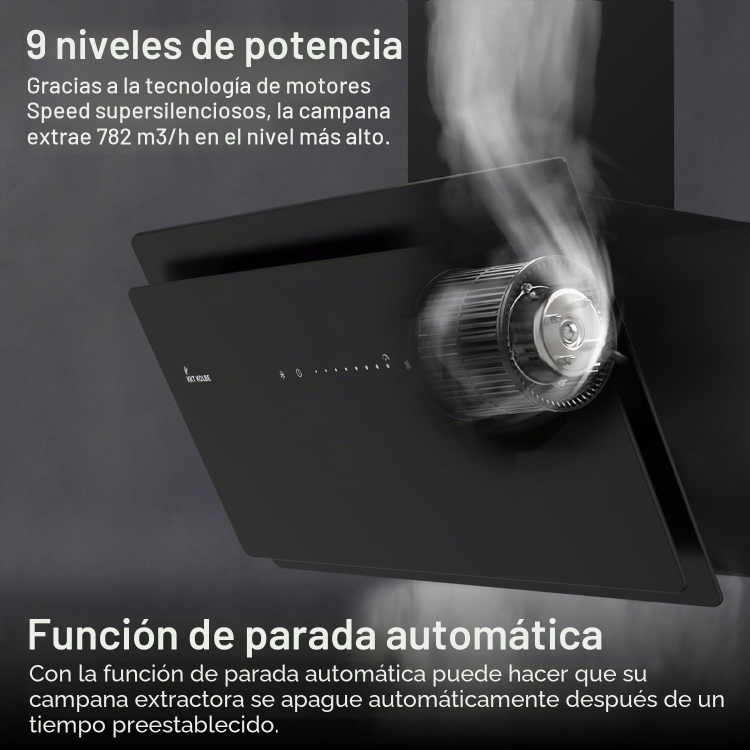 KKT KOLBE A+++ campana extractora, 90 cm, 782 m³/h, aire de circulación, aire de escape, sin cabeza, campana de pared, cubierta inclinada, negro, vidrio, retroceso automático, SensorTouch, luces LED