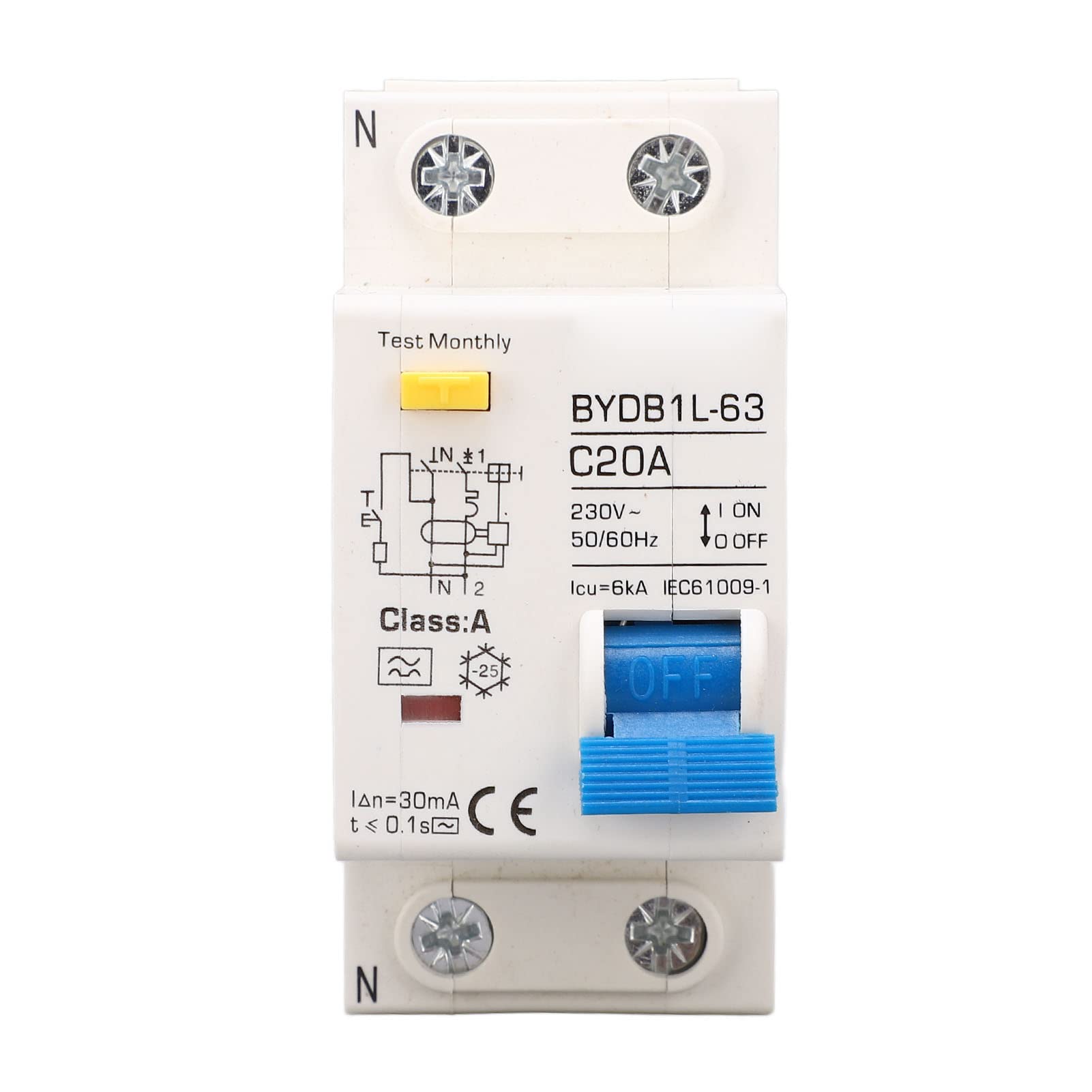 Circuit Breaker, 20A AC Leakage Protector Switch, 1-Pole DIN Rail Mount, Type A Miniature