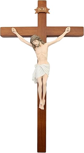Vittoria Collection Crucifijo de pared de 17 "cruz de madera Jesús piedra corpus estatua italiana escultura hecha en Italia