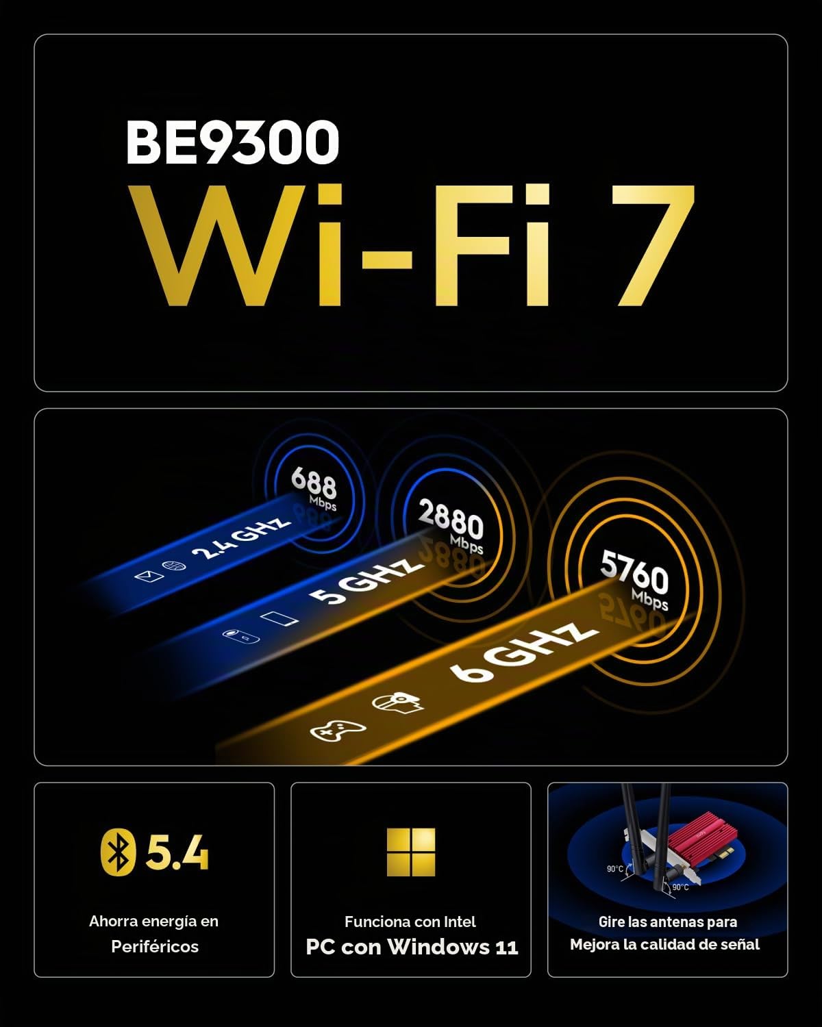 Cudy Tarjeta WiFi 7 BE9300 PCIe WiFi para PC, Adaptador Inalámbrico de Tres Bandas de 6 GHz, Chipset Intel BE200, Bluetooth 5.4, WPA3, No Aplicable a Plataformas AMD