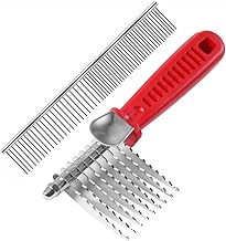 QUMY Dog Comb for Dematting, Stainless Steel Pet Grooming Comb, Removes Dead, Matted or Knotted Hair, Finishing and Fluffing, Comfort-Grip Handle - Pack of 1