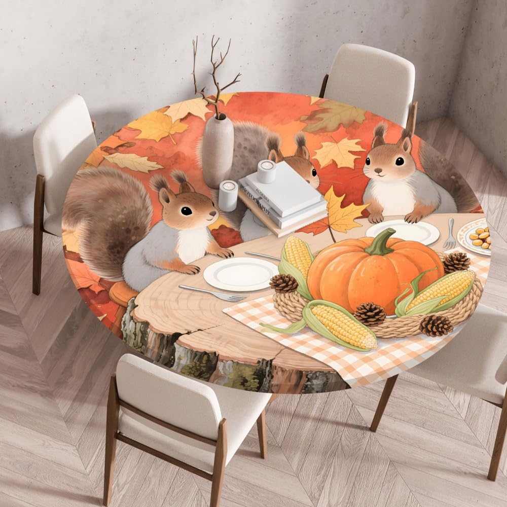 Odot Elastic Edged Round Fitted Tablecloth Autumn squirrels Protector Wipeable Circle Tablecloth, Table Cover Wipe Clean for Kitchen Dining Room Picnic Tabletop (Maple Pumpkin 5,140cm)