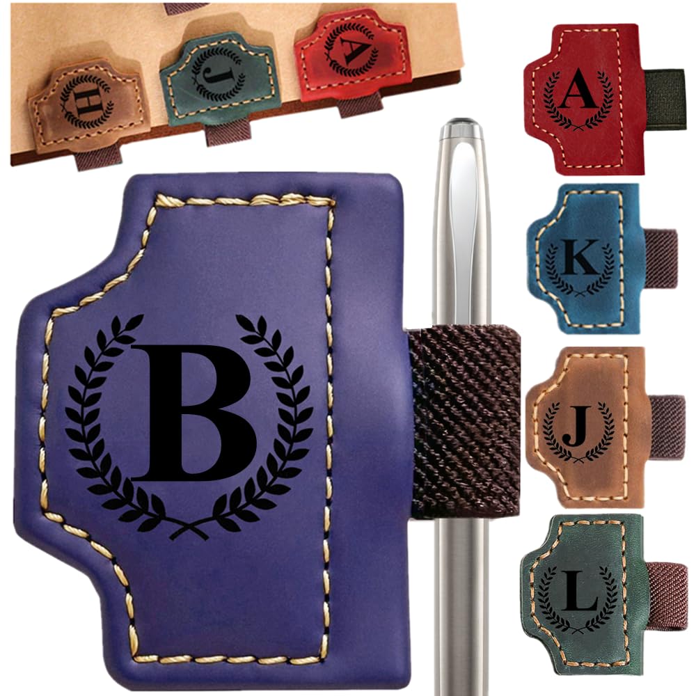 Custom Bookmark with Pen Holder with 26 Letters Personalized Magnetic Leather Book Mark, Customized Name Book Marker Clip with Initial for Men Women, Gifts for Book Lovers, Readers, (Purple, B)