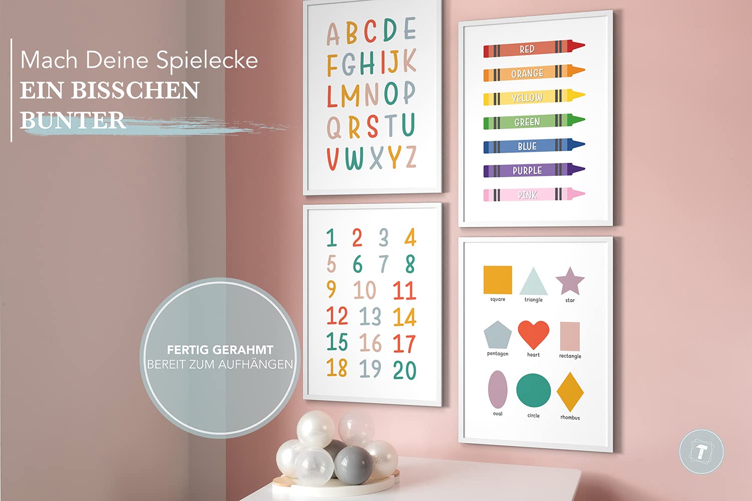 Lot de 4 posters d'apprentissage (anglais), A3 (30x42 cm) encadré d'un cadre en bois (blanc), cadeau de scolarisation, lettres, nombres, couleurs, des formulaires, ABC Numbers Colors Shapes