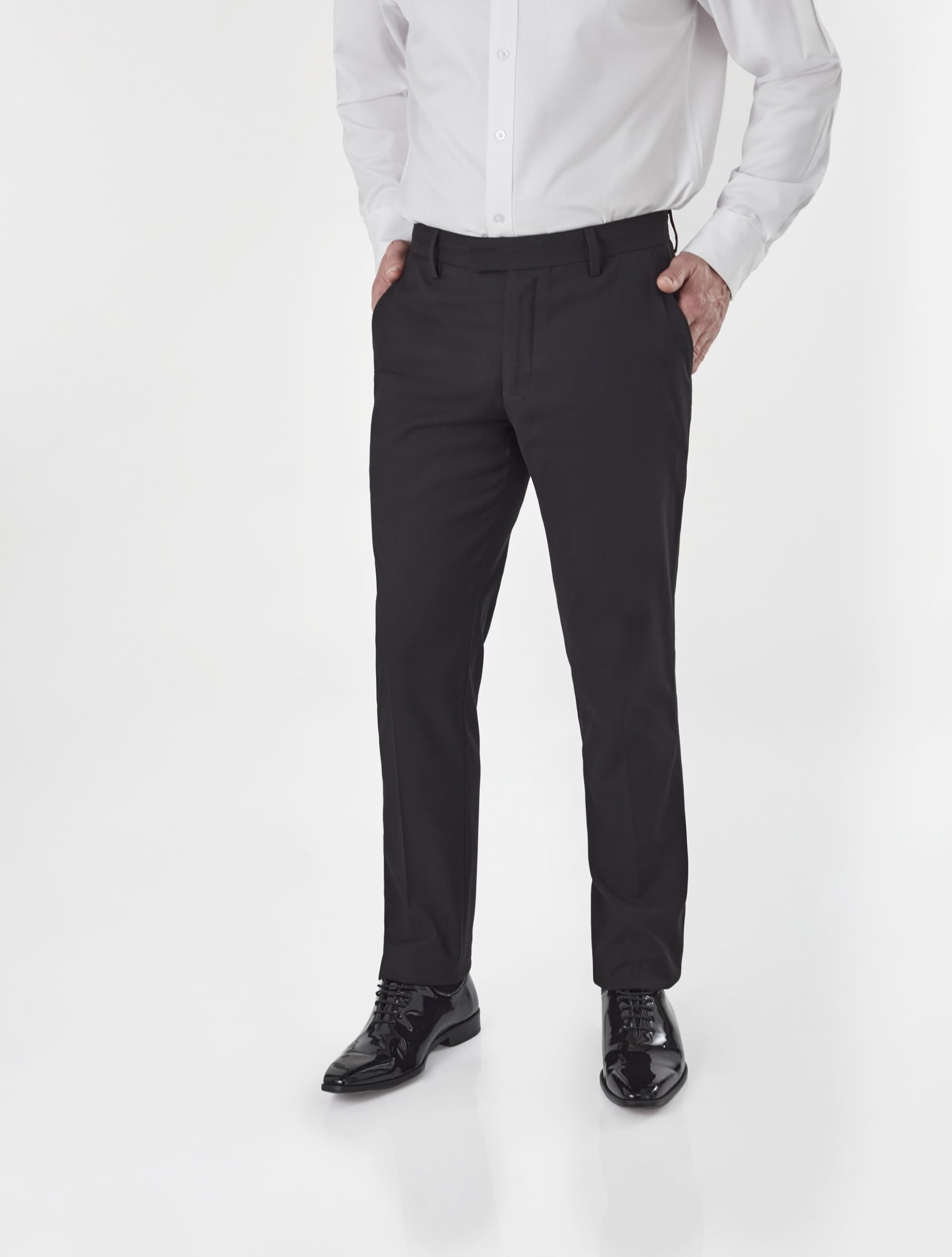 Xposed Pantalones de Esmoquin Negros para Hombre con Cinta de Raso Pantalones de Vestir de Frente Plano entallados