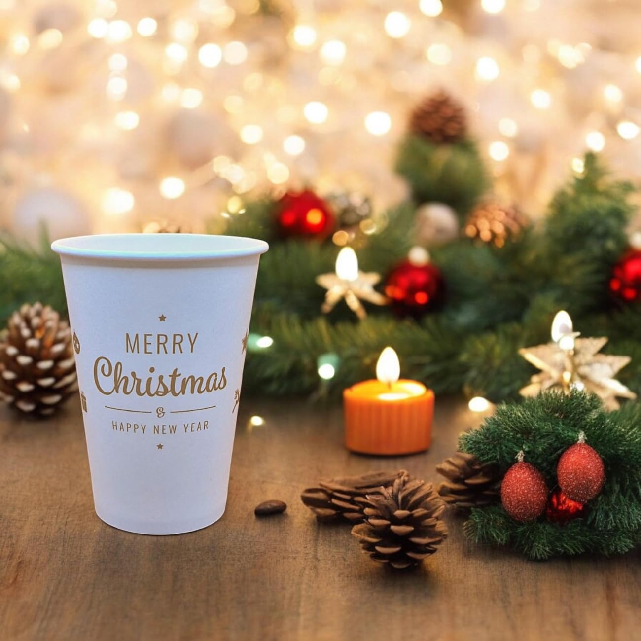 Mecup Bicchieri in Carta Natalizi, Bicchieri Monouso Biodegradabili, 500 Pezzi, Tazza Caffè di Natale 200 ml, Usa e Getta, Per Bevande Calde e Fredde, Fantasia Natalizia. Fantasia: Bianco