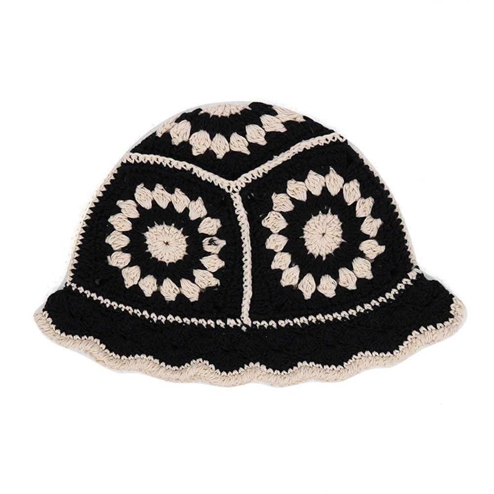 KGM Hand Crafted Knitted Crochet Bucket Hat - Festival Holiday Travel Summer Winter Hats (Black), One Size