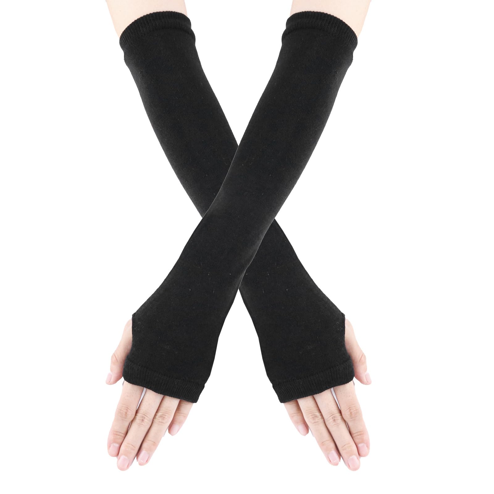 Arm Warmers Knit Elbow Long Fingerless Gloves for Women Winter Warm Ribbed Arm Sleeves Thumb Hole Arms Warmers Y2K Black-Thin