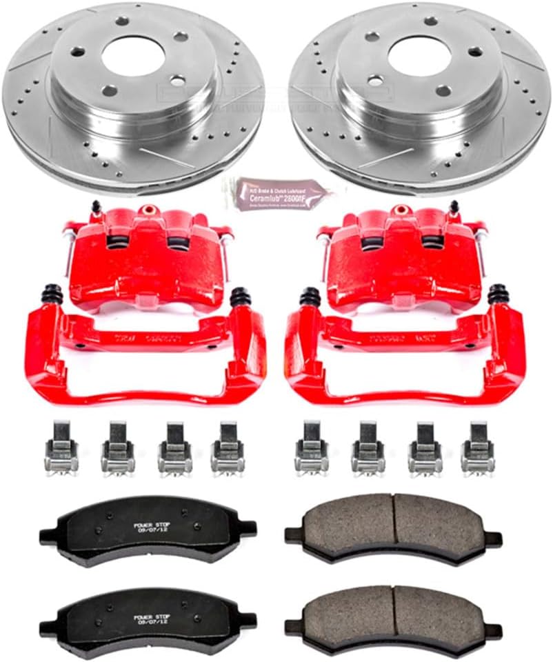 PowerStop Front Brake & Caliper Kit for Dodge Ram 1500 2006-08 - Carbon-Fiber Ceramic Brake Pads + Drilled & Slotted Rotors + Red Powder Coated Calipers, KC2163