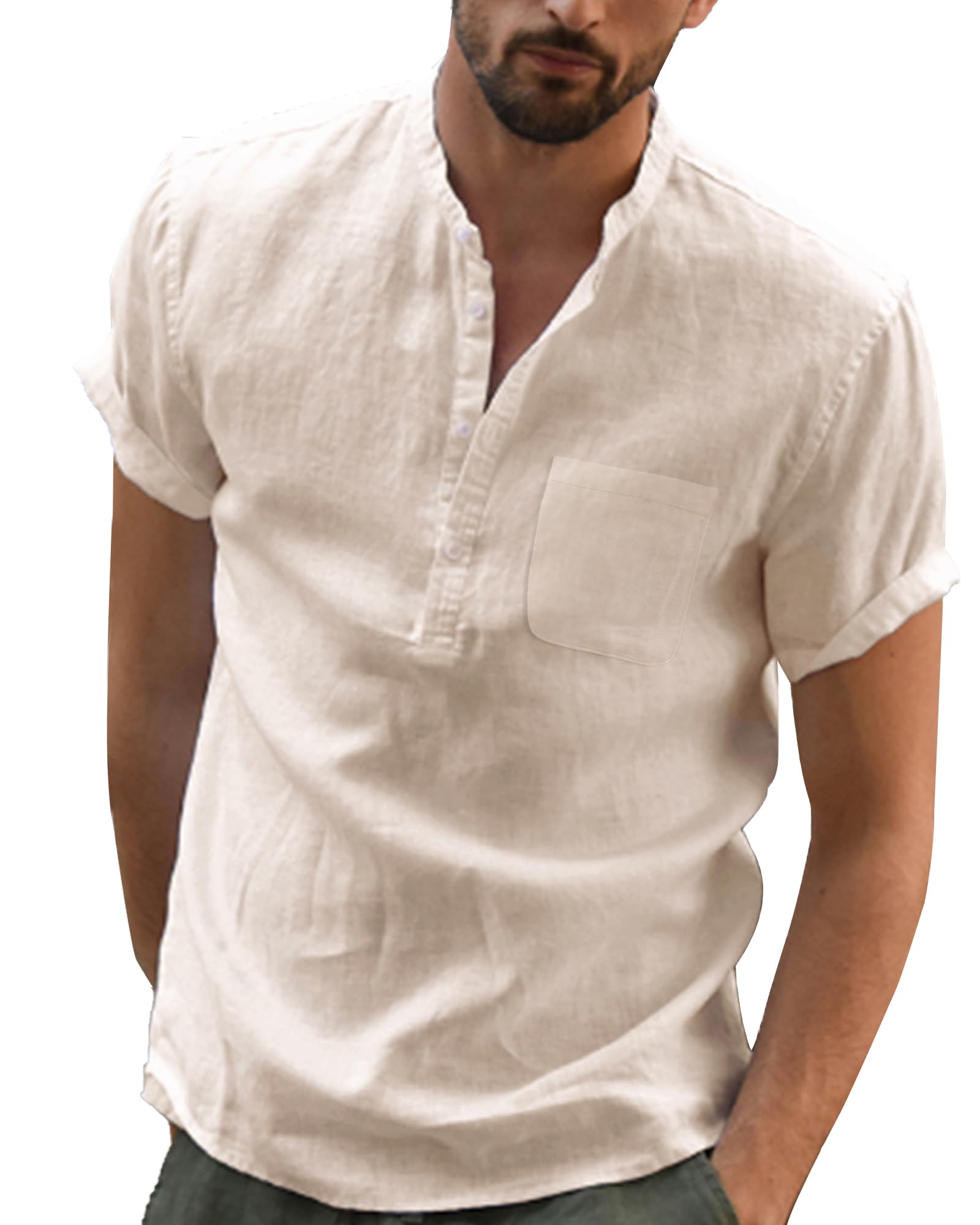 DUOLUVA Leinen Hemd Herren Kurzarm Sommer Shirt Männer Henley mit Brusttasche Universal Fit