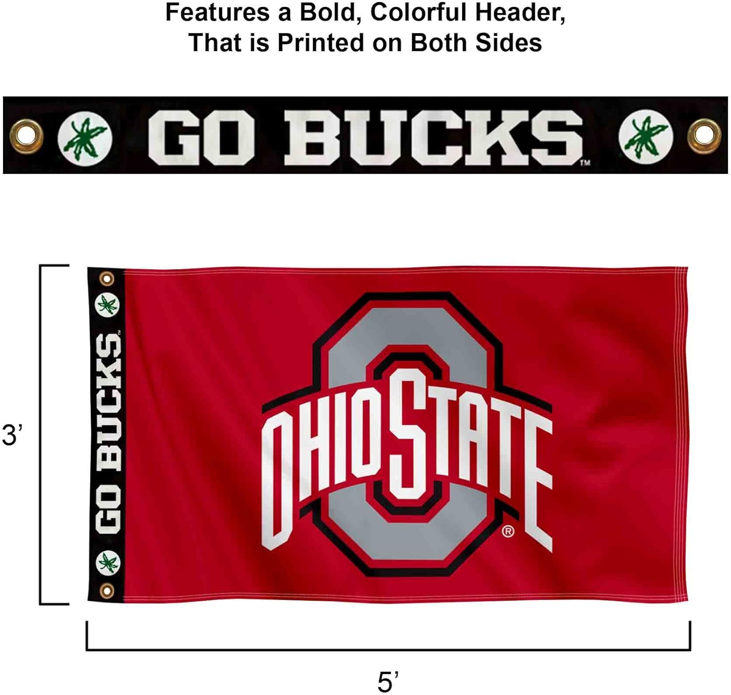 College Flags & Banners Co. Ohio State Buckeyes Go Bucks Printed Header 3x5 Foot Banner Flag - Image 2