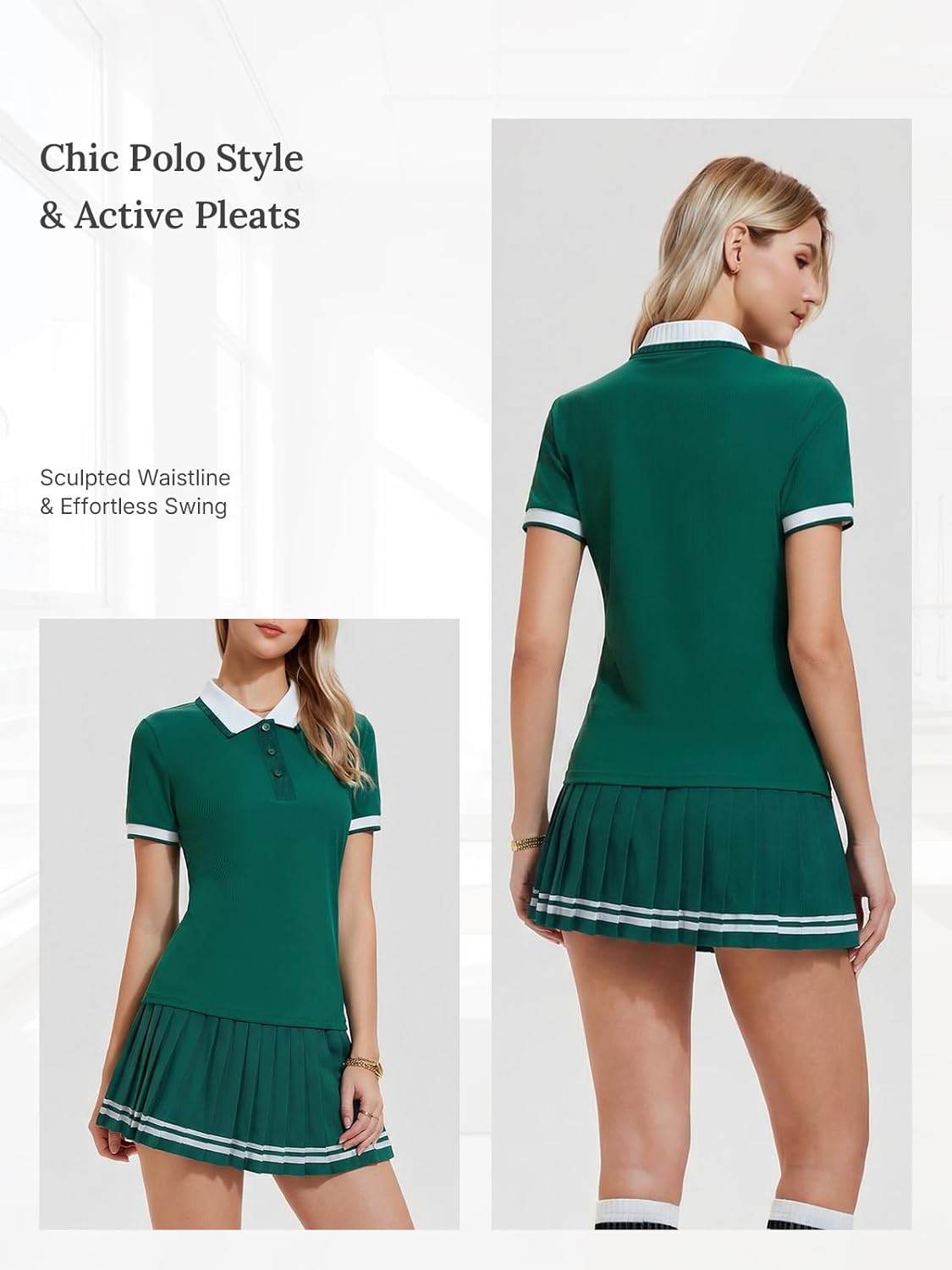 Womens 2 Piece Tennis Skirt Set Polo Pleated Skort with Pockets Golf Pickleball Badminton Athletic Workout Outfit