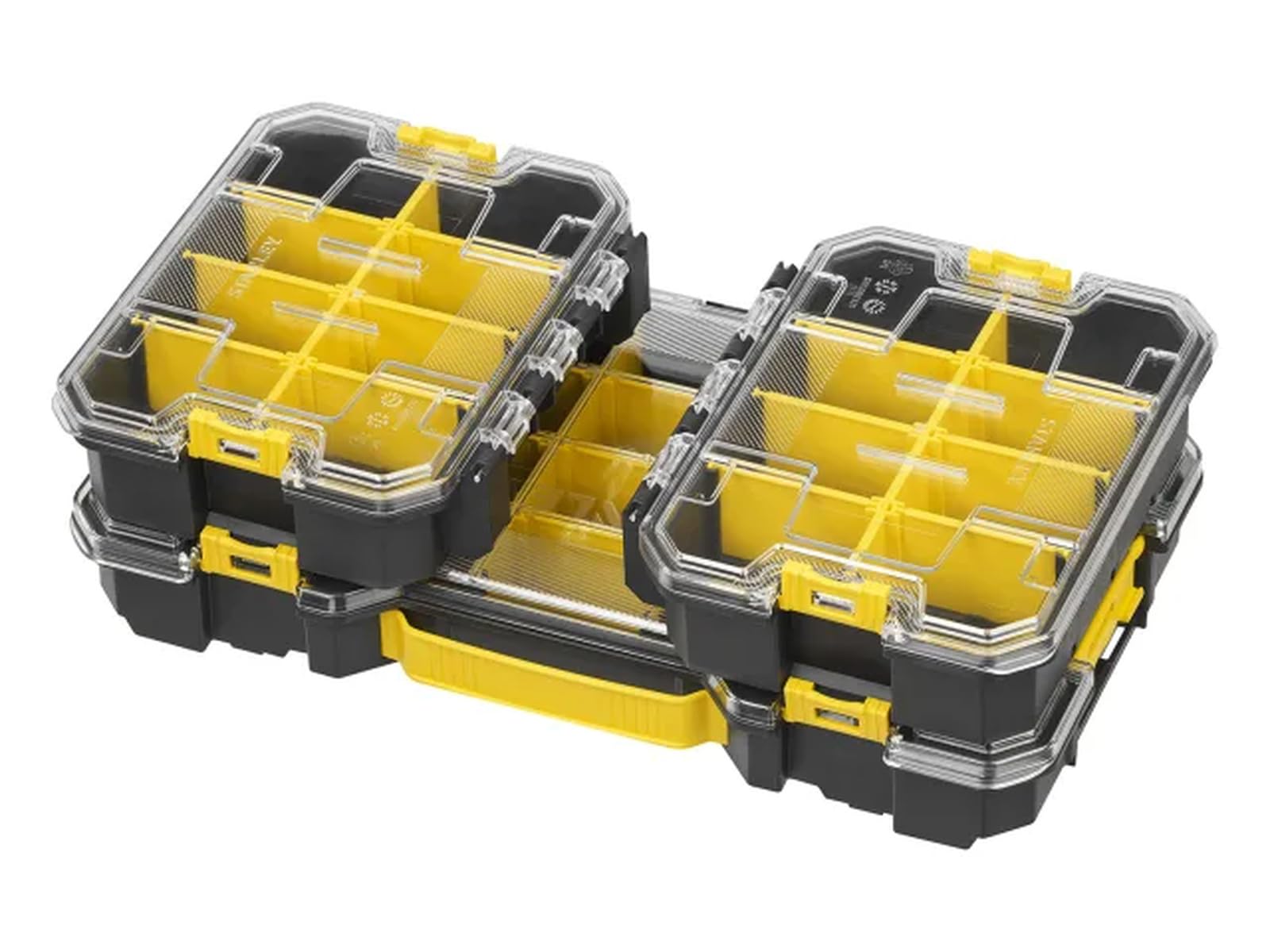 STANLEY® FATMAX® PRO-STACK™ zestaw organizerów – zestaw 3 szt., 1 duże i 2 małe płytkie organizery, zdejmowane przegrody, system przechowywania do układania w stos, przezroczysta pokrywka, przenośne
