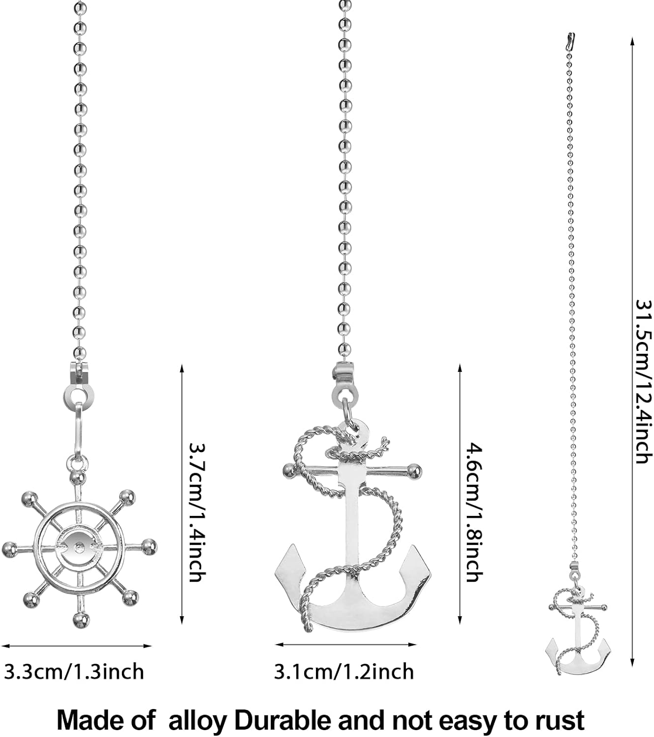 Honoson 4 Pieces Nautical Ceiling Fan Pull Chain Extender Vintage Anchor and Wheel with 14 Inches Fan Pull Chain Extender for Bathroom Toilet Light Ceiling Light(Silver)