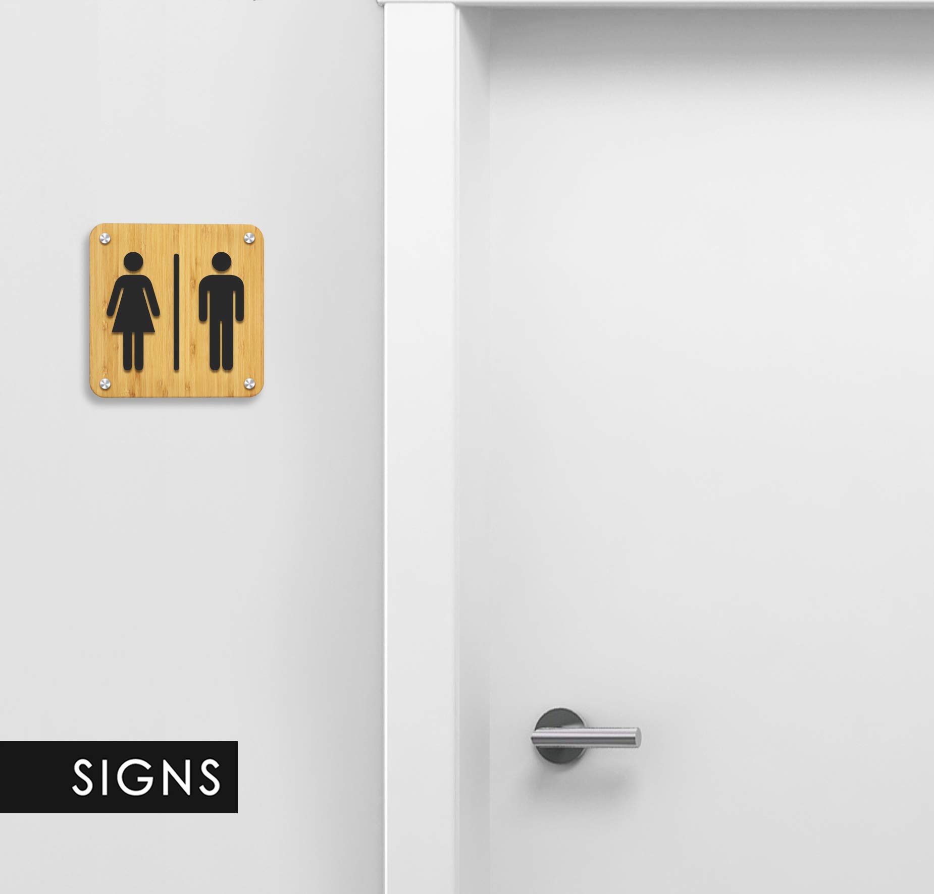 Signs [STAN08-nero] Set 4X Placas de pared con separadores en relieve (Español/Inglés): Toilettes, Hombre, Mujer, Discapacitado, cartel de baño. Letrero WC de pared para inodoro y para puerta.