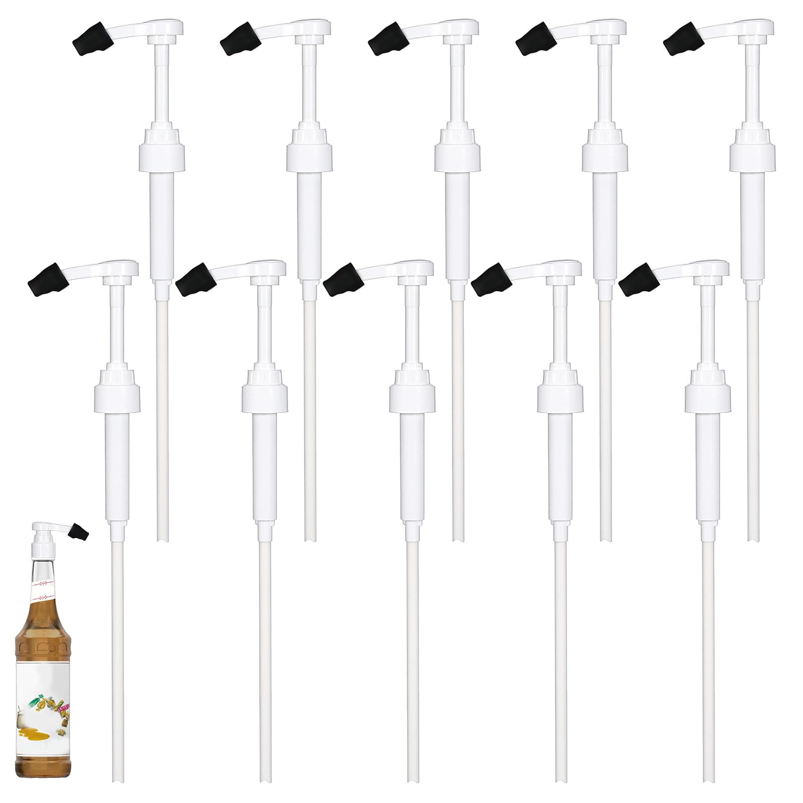 View 1 of 10 Pcs Coffee Syrup Pump for 750 ml (25.4 Fl Oz) Bottle, Syrup Dispenser Pumps Compatible with Glass Bottles – No Clog, Precise Dispensing, Includes 10 Tip Covers – for Coffee Bar, Kitchen