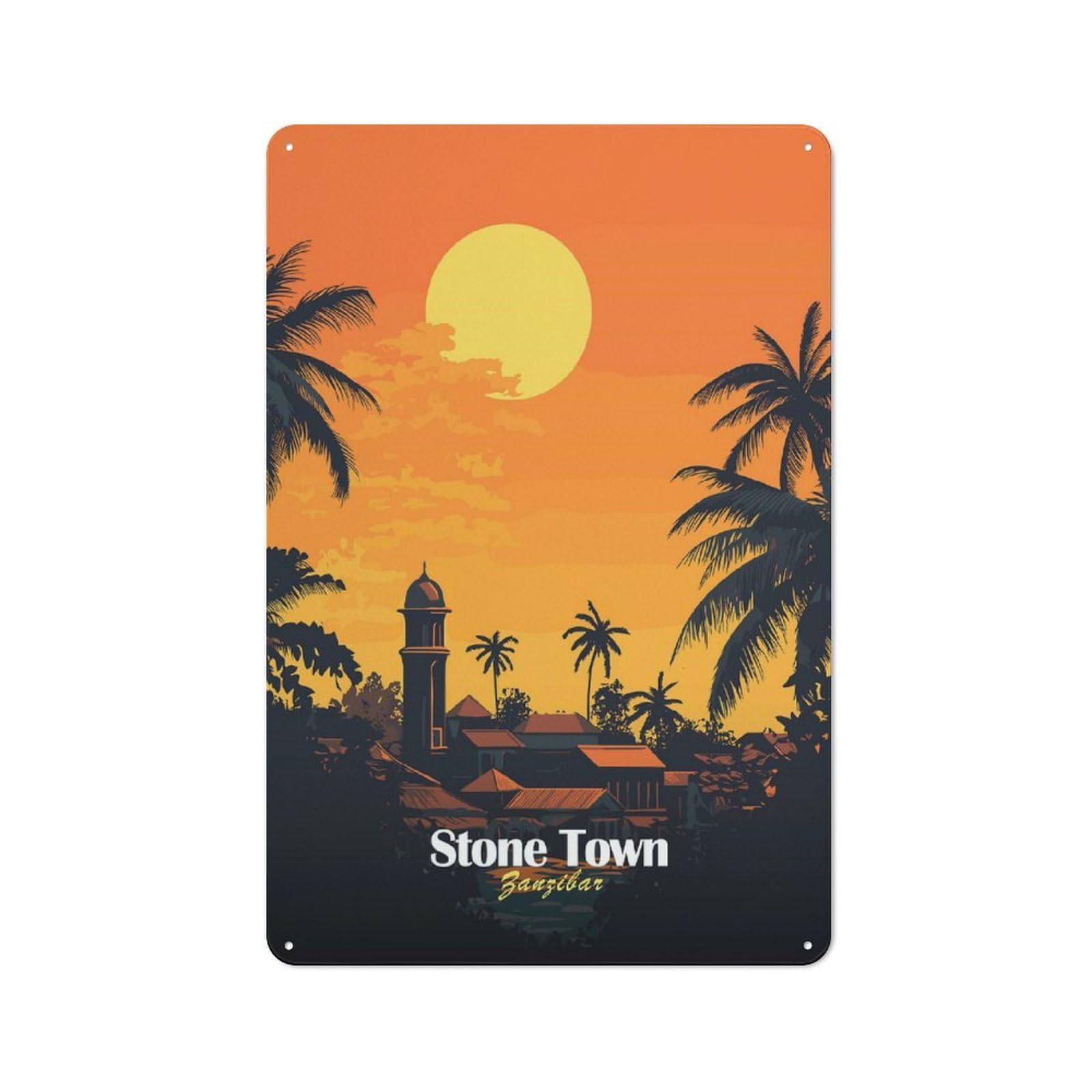 Junmoney Style-15 Classic Stone Town Zanzibar Sunset Metal Wall Sign 30X20cm, Pub Wall Decor For Diner, Restaurant, Shed Or Kitchen