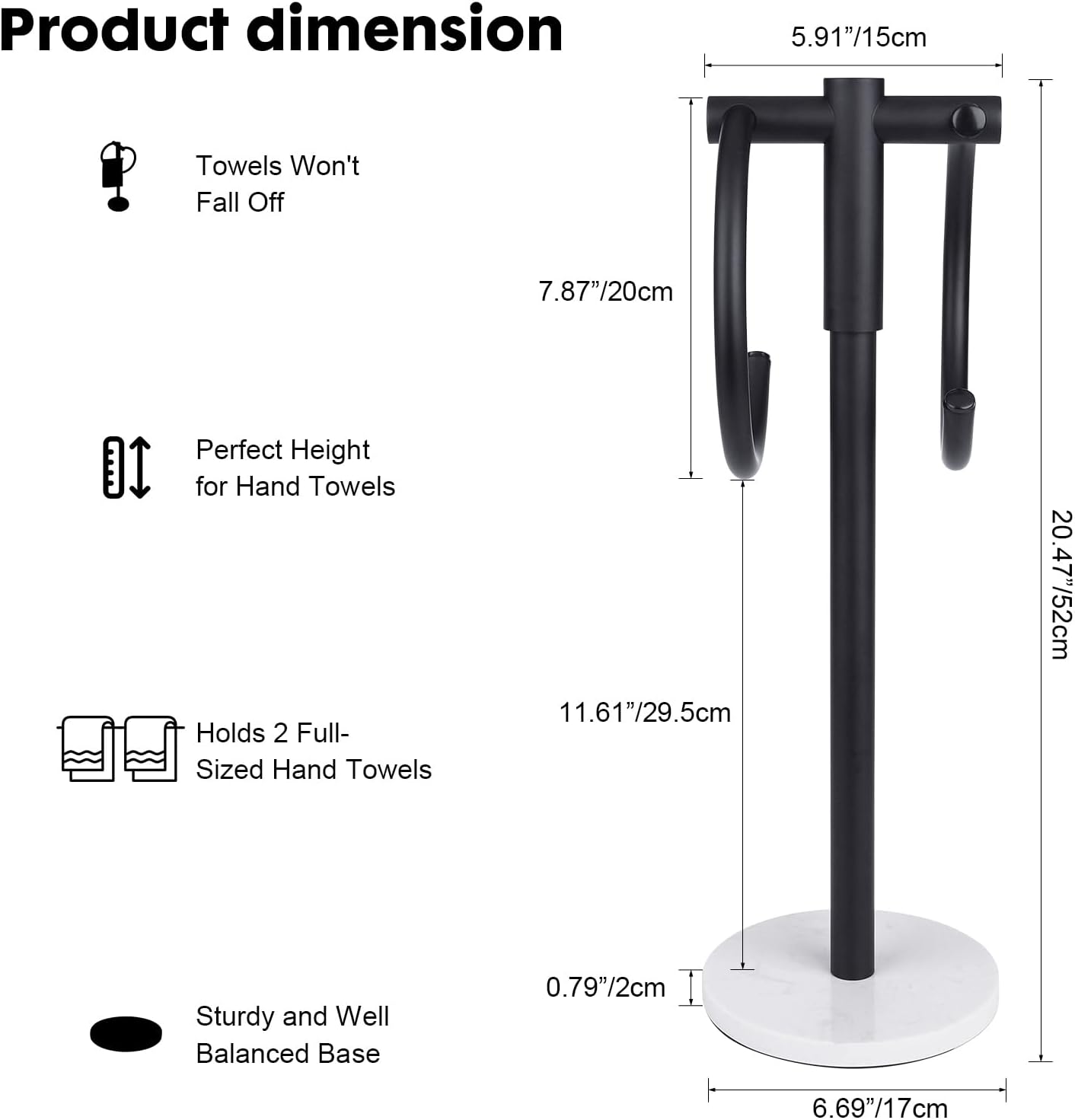 19 inch Matte Black Double hand Towel Holder Stand ,Hand Towel Bar Bathroom Vanity Countertop Towel Holder Free Standing,Towel Ring Hardware Accessories Towel Rack