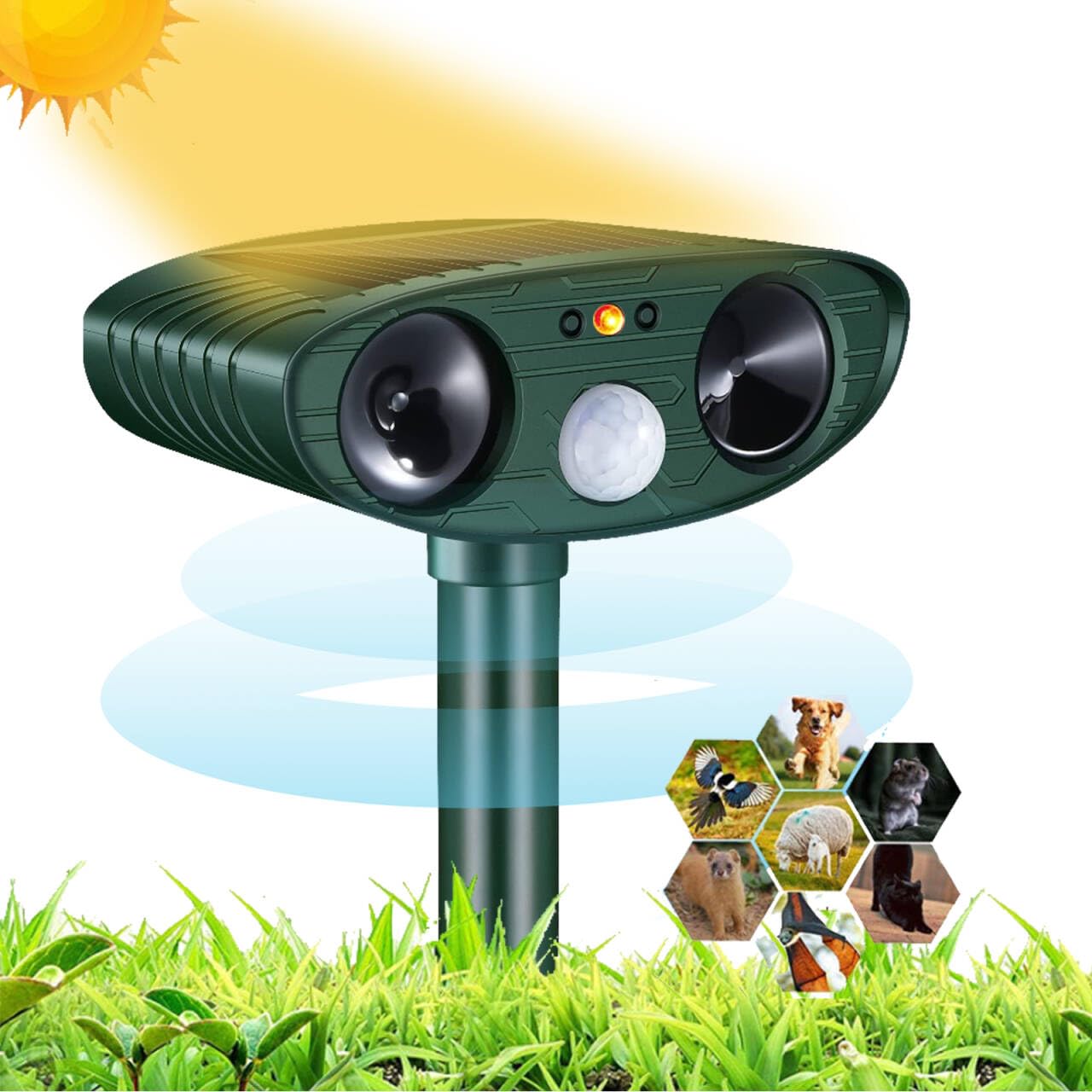Cat Repellent, Cat Deterrent for Gardens UK, Animal Scarer Ultrasonic with PIR Sensor, IP44 Waterproof Solar Fox Repeller for Farm Yard Cats, Foxes, Squirrels, Pigeons, Dogs
