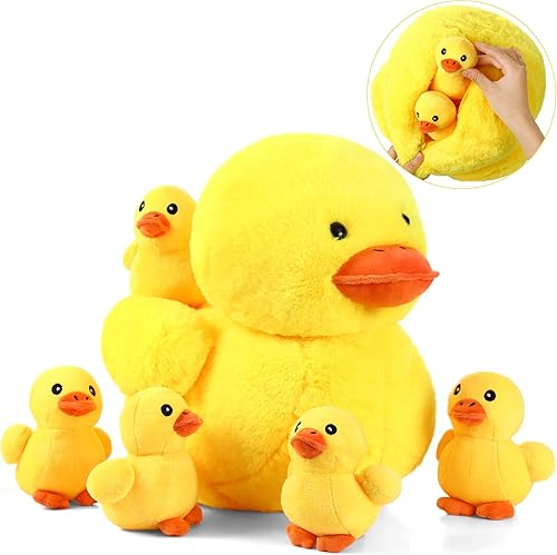 Kasyat Juego de 6 piezas de animales de peluche de pato amarillo, madre con 5 peluches de pato pequeño, peluche suave para abrazar con bolsa con