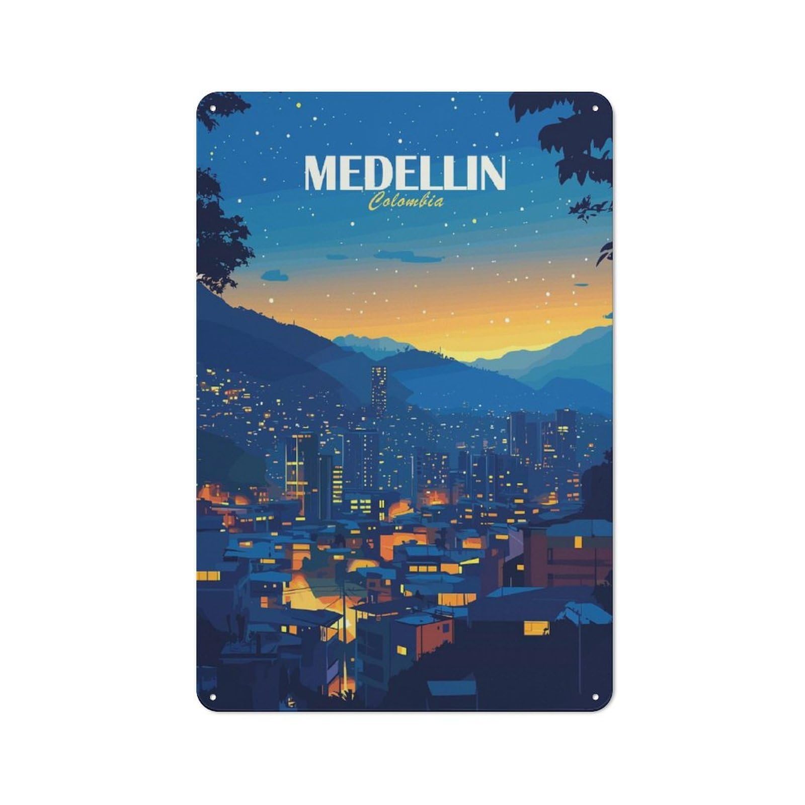 Junmoney Style-14 Tin Sign 30X20cm With Medellin Colombia Cityscape At Night For Hallway Wall, Rustic Decor, For Vintage Wall Decor Fans, For Garage And Workshop Walls