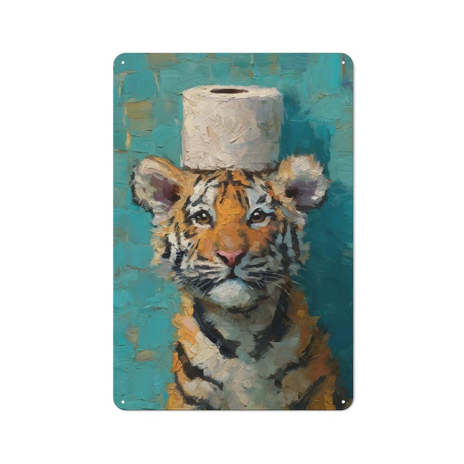 Junmoney Style-11 30X20cm Retro Metal Sign With Tiger Cub With Toilet Paper Hat For Living Room Or Hallway, For Living Room Decor Lovers Refreshing A Room In Autumn