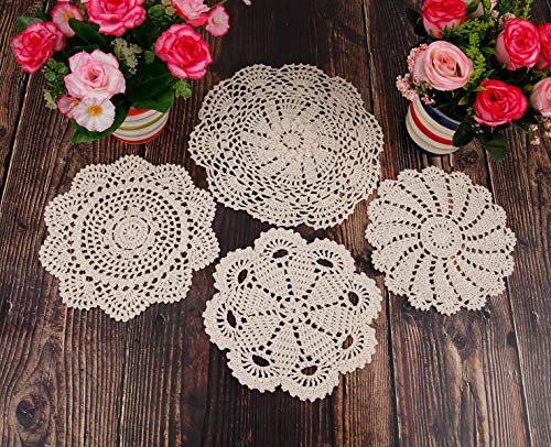 YINGYOU 12Pcs Hand Crochet Doilies Round Beige Vintage Wedding Tea Party 5-12 inches(Beige)