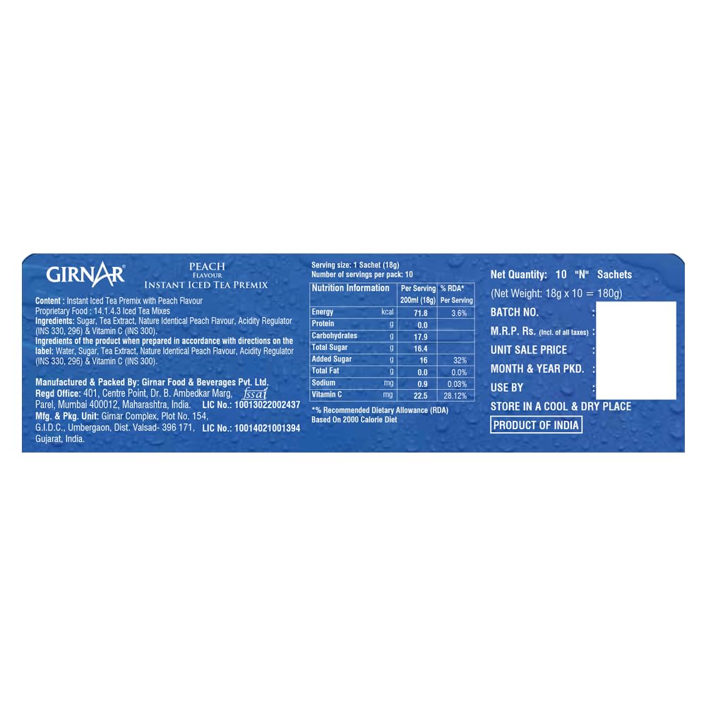 Girnar Instant Premix Iced Tea - Peach Flavour (10 Sachets) - Image 2 thumbnail