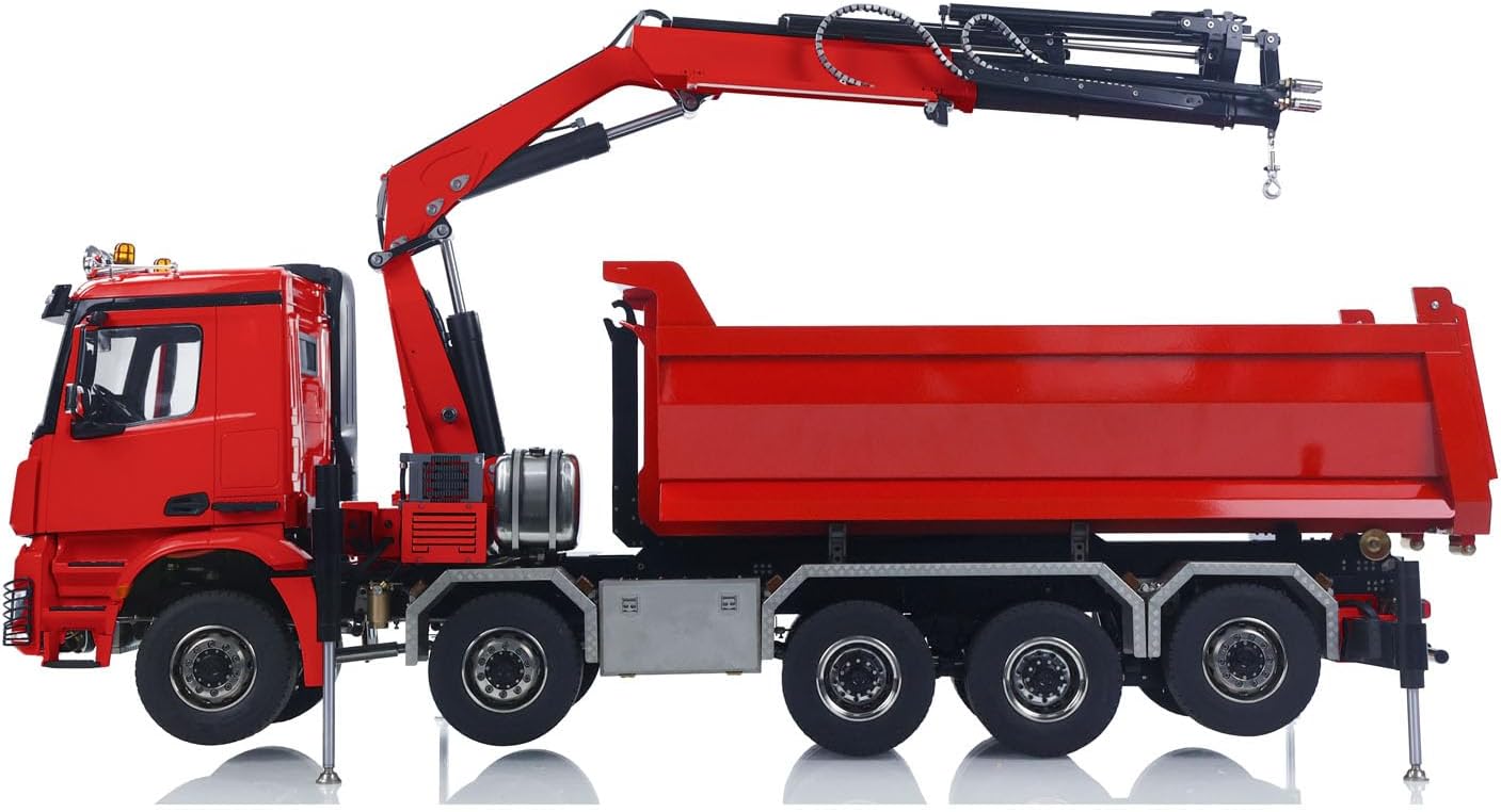 1/14 10x10 RC Hydraulic Crane Dumper Truck Full Dump Car Model 3-Speed Gearbox Light Sound Radio Controller for Adult Hobby(Red)