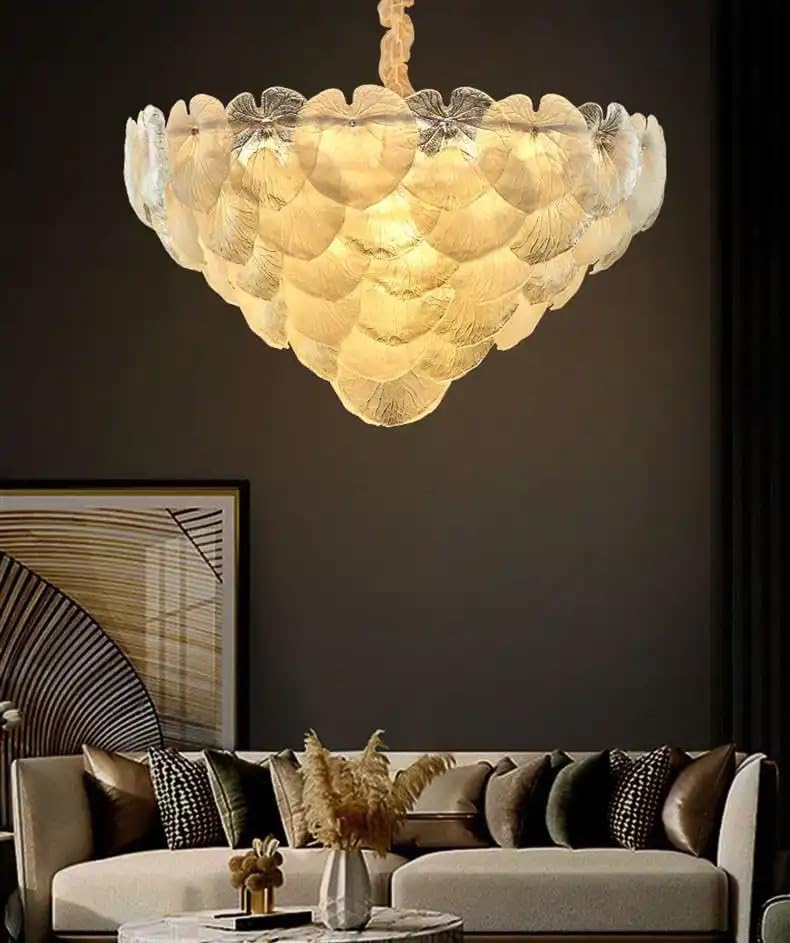 Image of Luxury Leaf Glass Chandelier for Bedroom & Living Room | Elegant Golden Ceiling Hanging Light for Dining Area, Hall & Home Interiors | Designer Chandelier for Modern Decor