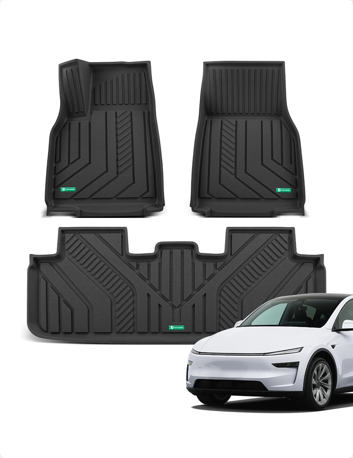 YHTAUTO Floor Mats Compatible with Tesla Model Y Juniper 2025 2026 5-Seat, TPE Floor Liners All Weather Custom Fit, 1st & 2nd Row, Set of 3, Black