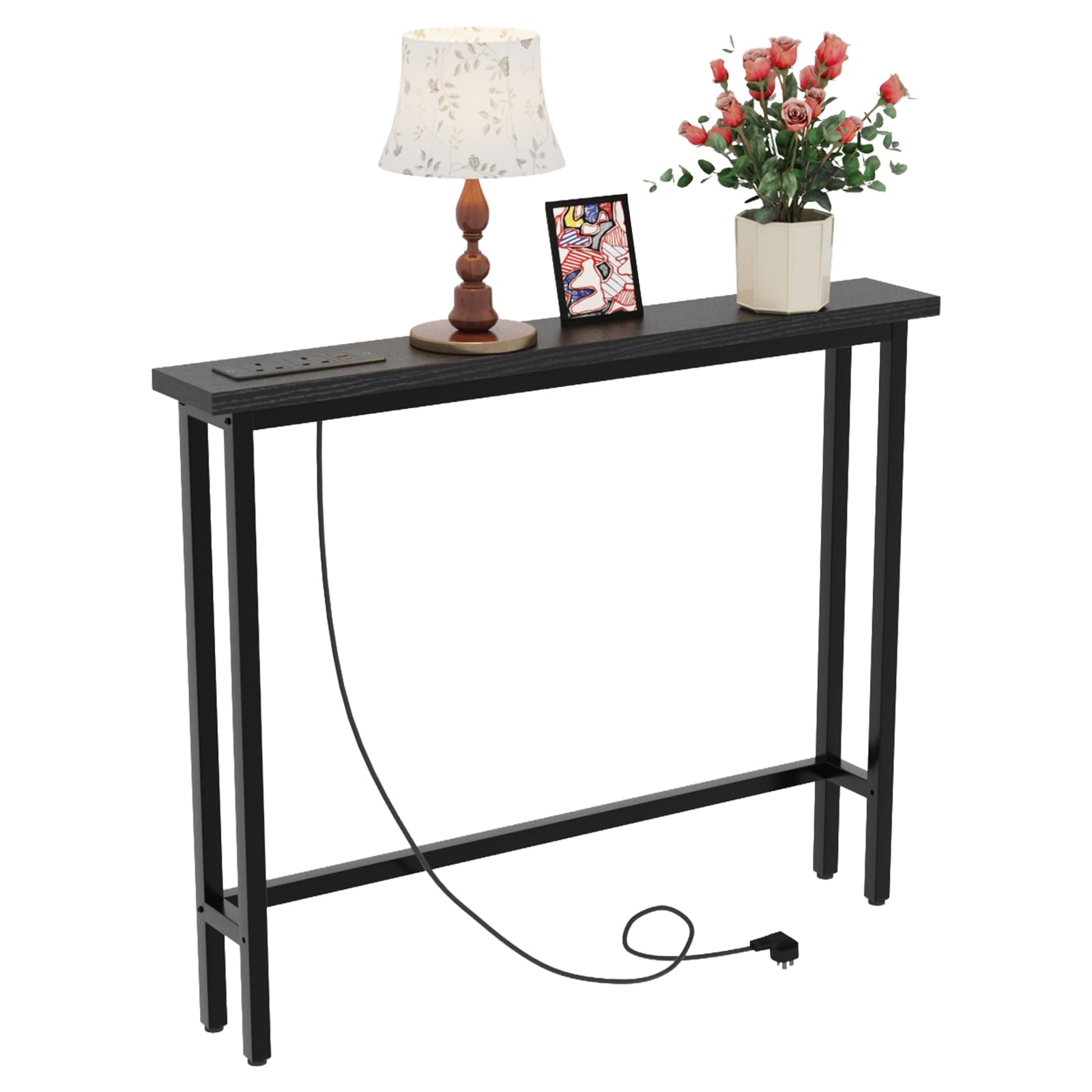 Bonnlo Console Table for Hallway Slim, Narrow Sofa table with Outlets, USB Ports and 150cm Power cord, Behind Couch Table with Charging Station, for Entryway, Corridor,100x15x79cm (Black)