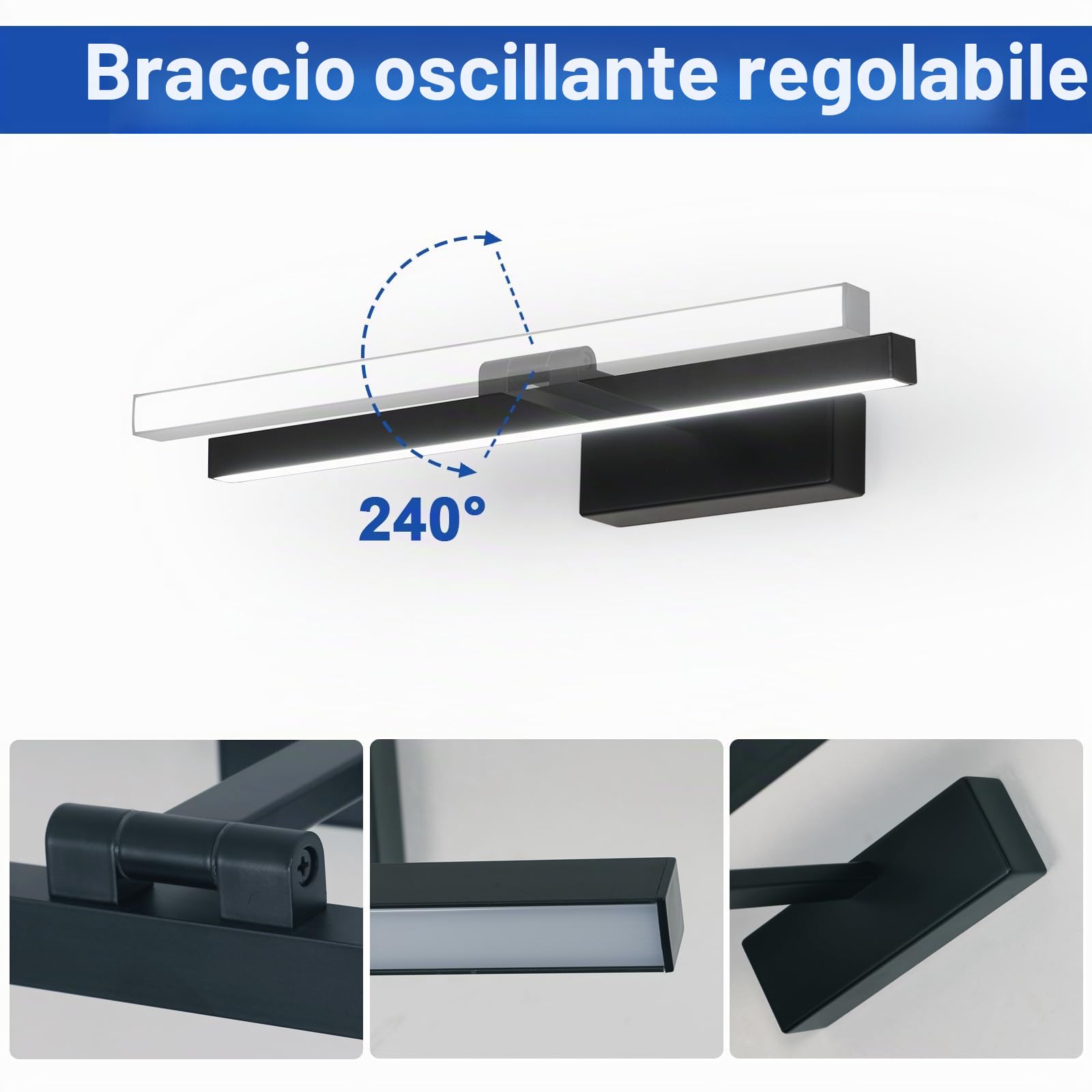 Comely LED Lampada da Specchio Bagno, 9W Luce Specchio LED Nero | 1100LM Specchio Armadio Lampada da Bagno 40 cm per Illuminazione Trucco o del Guardaroba, Bianco Freddo 6500K