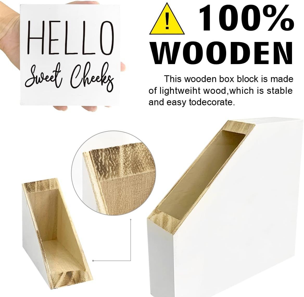 LVQHI Cute Bathroom Shelf Decor, Hello Sweet Cheeks Sign Wooden Box for Shelves Toilet Restroom Tabletop Decoration, Funny White Bathroom Sign Decor, 5'' L x 5" H - Image 2