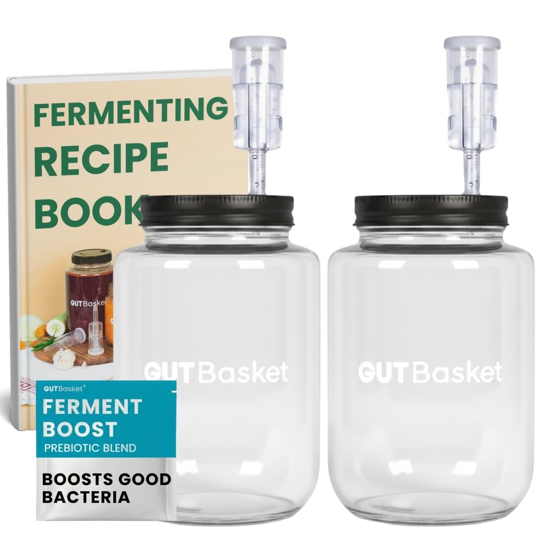 Gutbasket Fermenter 2 L (2 Jars)- Glass Fermentation Jar With Airlock And Lid | Ideal For Making Small Batches Of Fermented Beverage At Home, Blue