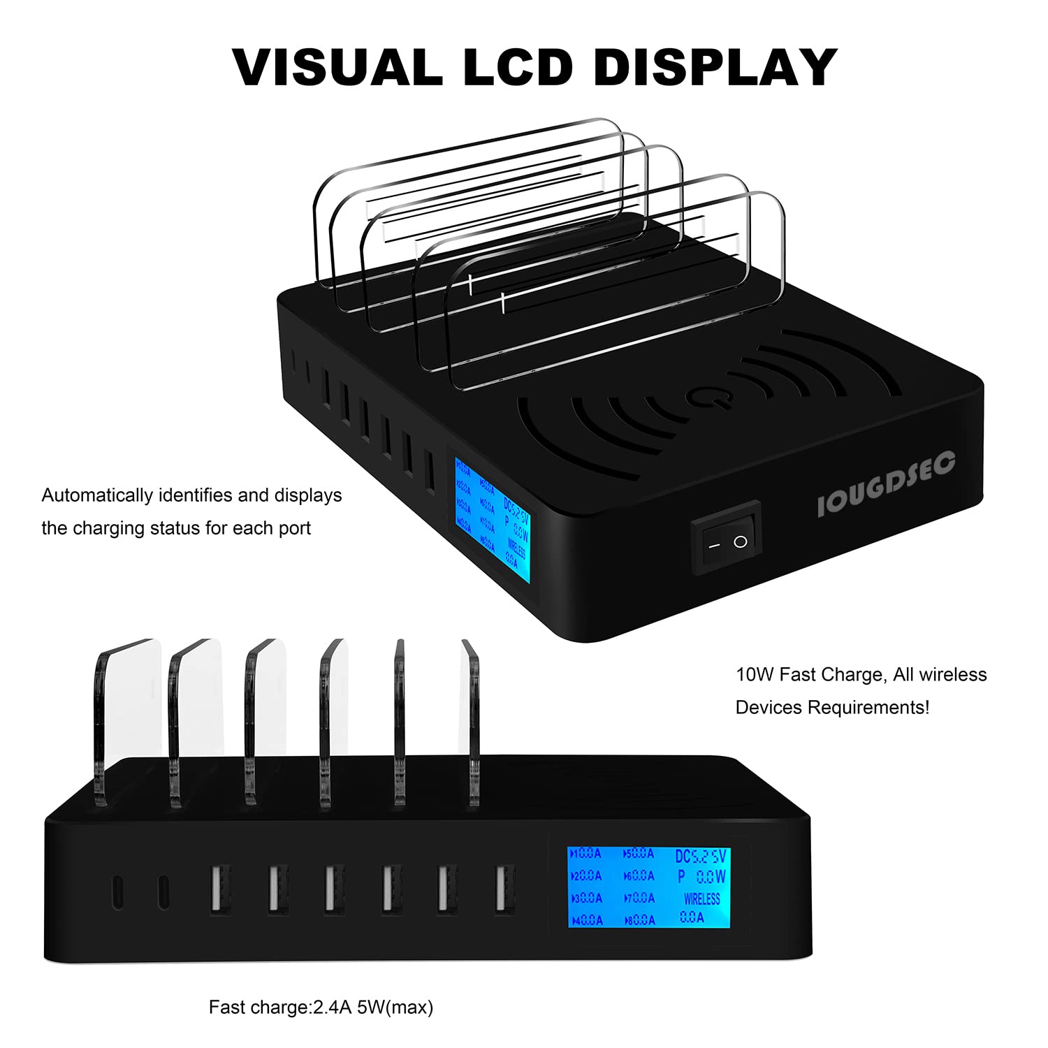 Stazione di ricarica con interruttore, PD20W QC3.0, caricatore rapido, 8 porte con 1 carica a induzione, senza fili, caricatore desktop per cellulare, compatibile con iPhone, ipad, Samsung