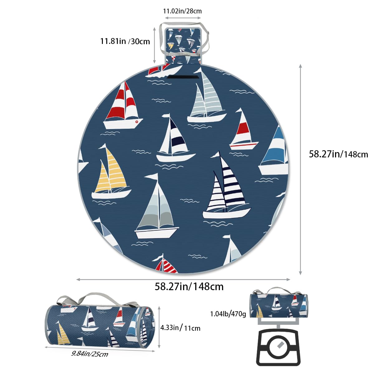 Colorful Sailboats Picnic Outdoor Blanket Foldable Waterproof Sandproof Beach Blanket Portable Water-Resistant Round Picnic Mat for Travel Camping Park Lawn