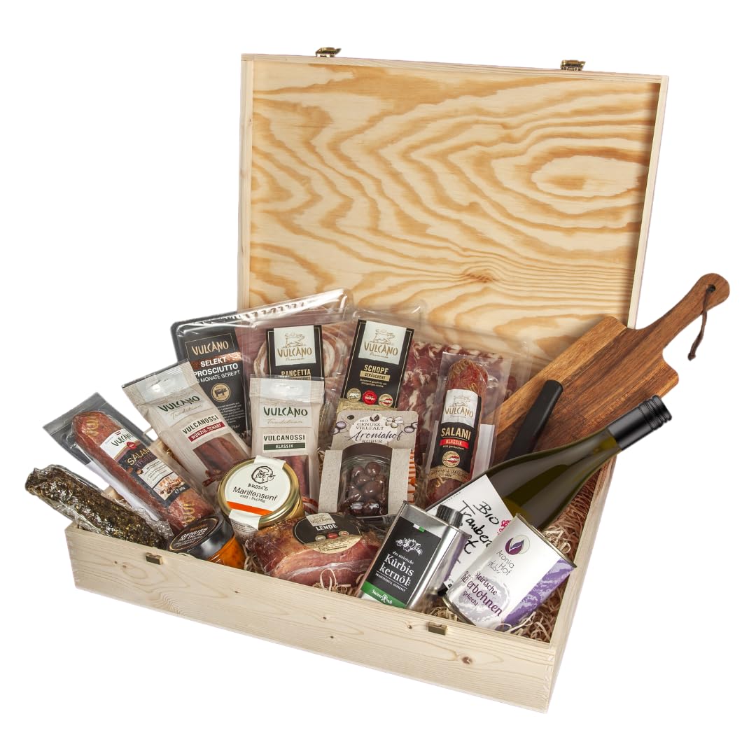 Vulcano Jausenkoffer – Geschenkbox mit Prosciutto, Salami, Vulcanossi, Speckwurzen & steirischen Spezialitäten – Feinkost Geschenk für Genießer, ideal für Männer, Frauen, Geburtstag & Weihnachten