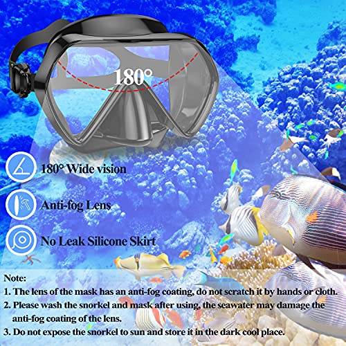 Snorkel Mask Set Snorkeling Gear – Dry Snorkel Set and Mask Kids Adults Anti Fog 180 Degree Seaview with Mesh Bag, Scuba Diving Swimming Training Equipment Youth Junior Men Womens (Black, Adults) - Thumbnail 2