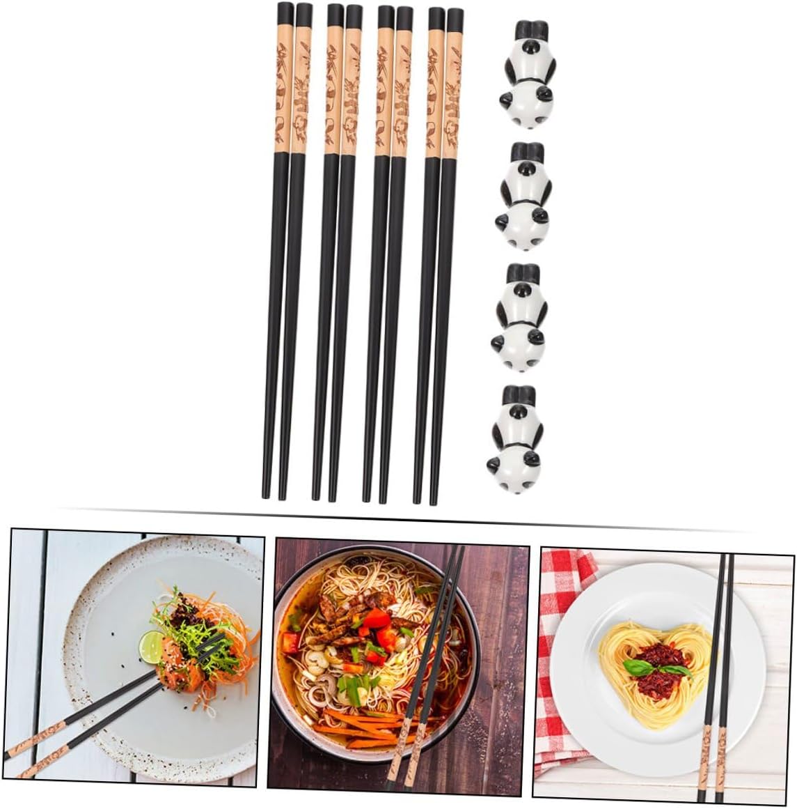 NUOBESTY 12pcs Ceramic Panda Chopsticks Set with Holder Reusable Anti-scalding Eating Chopsticks for Household Dining and Includes 8 Colored and 4 Ceramic Rests for Kitchen Use