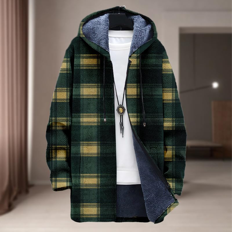 Oversized Plaid Coat for Men Zip Up Hoodie Sherpa Lined Fleece Jacket Soft Warm Winter Coat with Hood and Pockets2