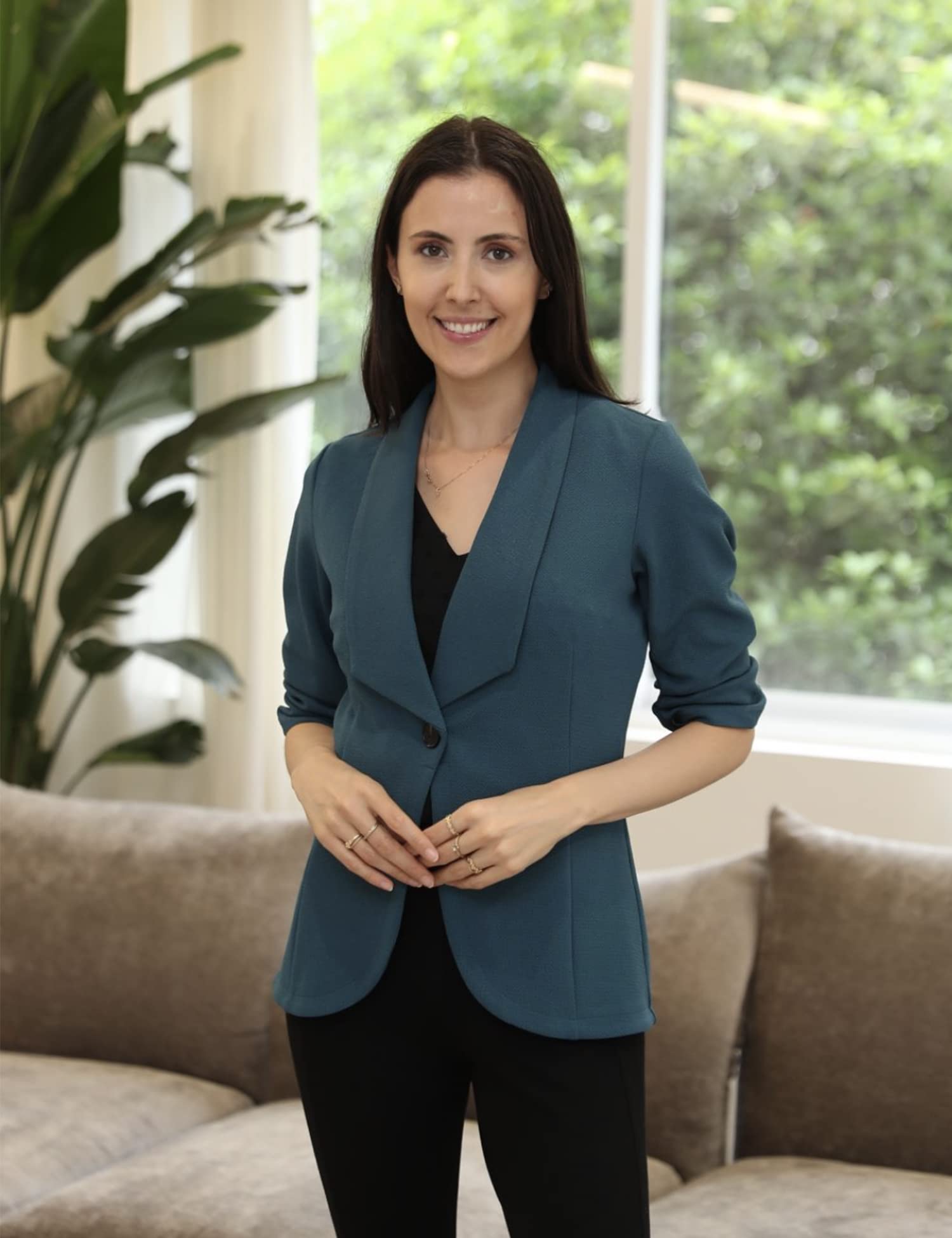 Unibelle Blazer Elegante chaqueta para mujer Cardigan 3/4 largo, ligera y fina, estilo bolero de oficina, monocromo Slim Fit Revers Business Trenchcoat abrigo corto con talla S - 2XL